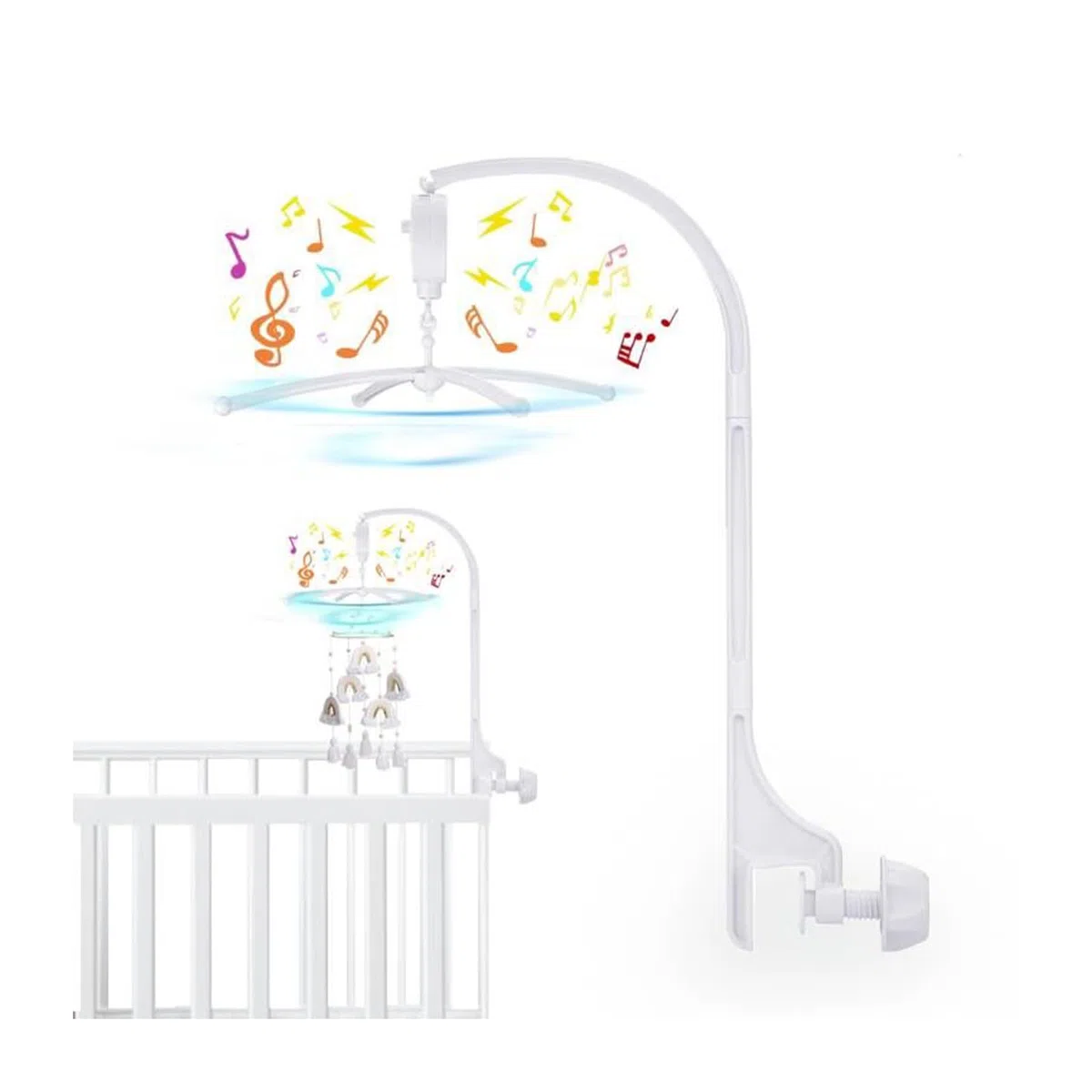 Soporte para cama y cuna de bebé - Brazo móvil con caja de música mecánica y soporte extendido con tuerca y tornillo - Juguetes para Baby Girl & Boy
