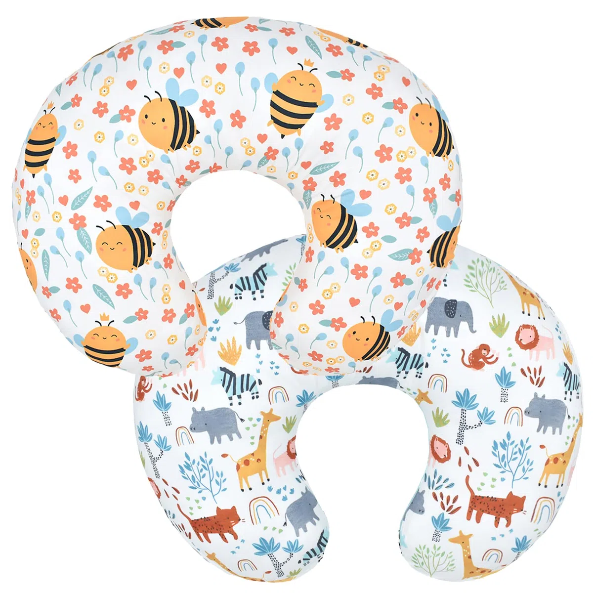 Winmany Paquete de 2 Fundas Almohada Lactancia para bebé recién Nacido en Forma U Lactancia Materna Funda cojín elástica reemplazable con bosques y Flores 22.5 x 18 Pulgadas (Abeja + Animales)