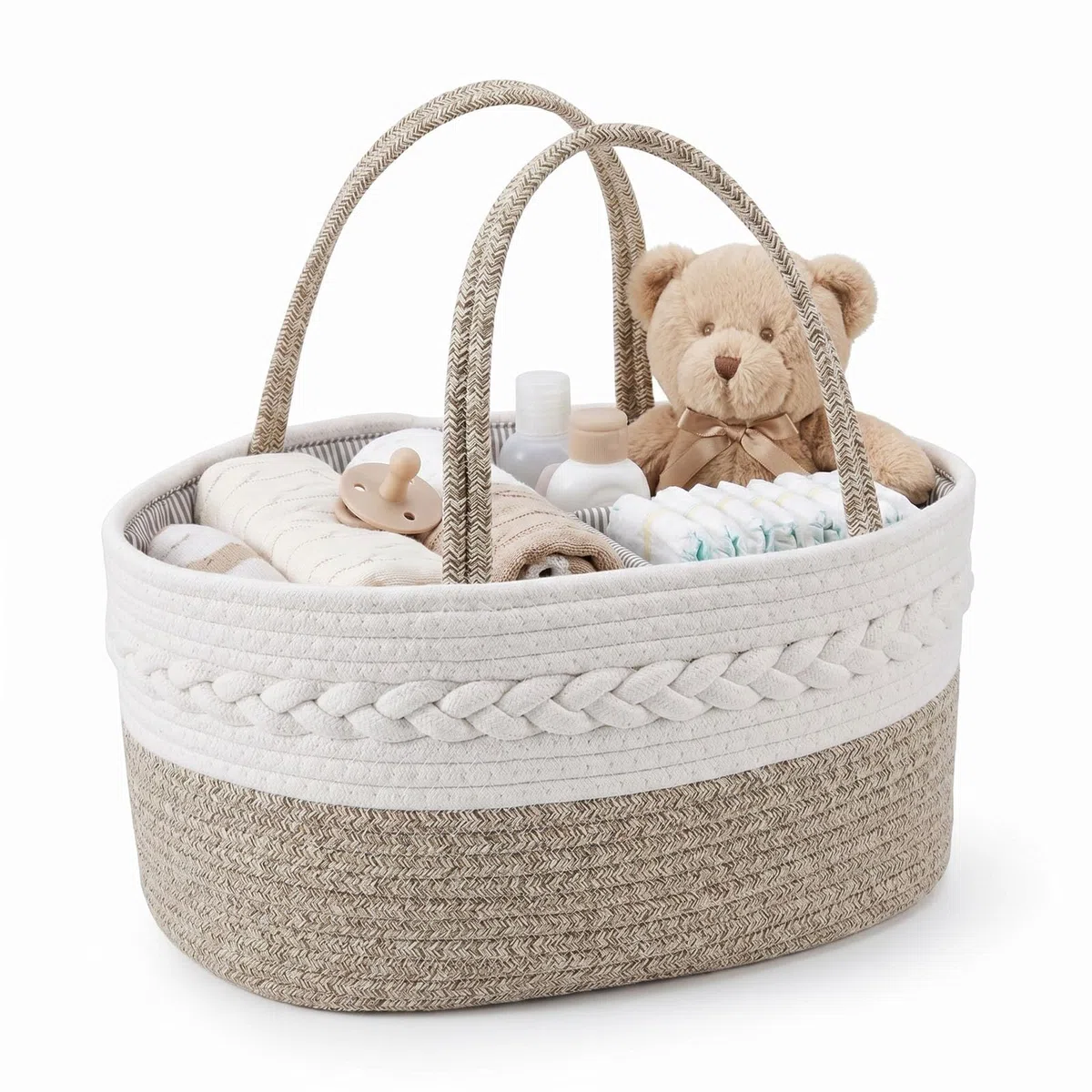 Cesta Organizadora para Bebé, Organizador Portátil para Cambiador, Canasta Porta Pañales de Cuerda de Algodón con Asas, Accesorios de Recién Nacido y Regalo de Nacimiento