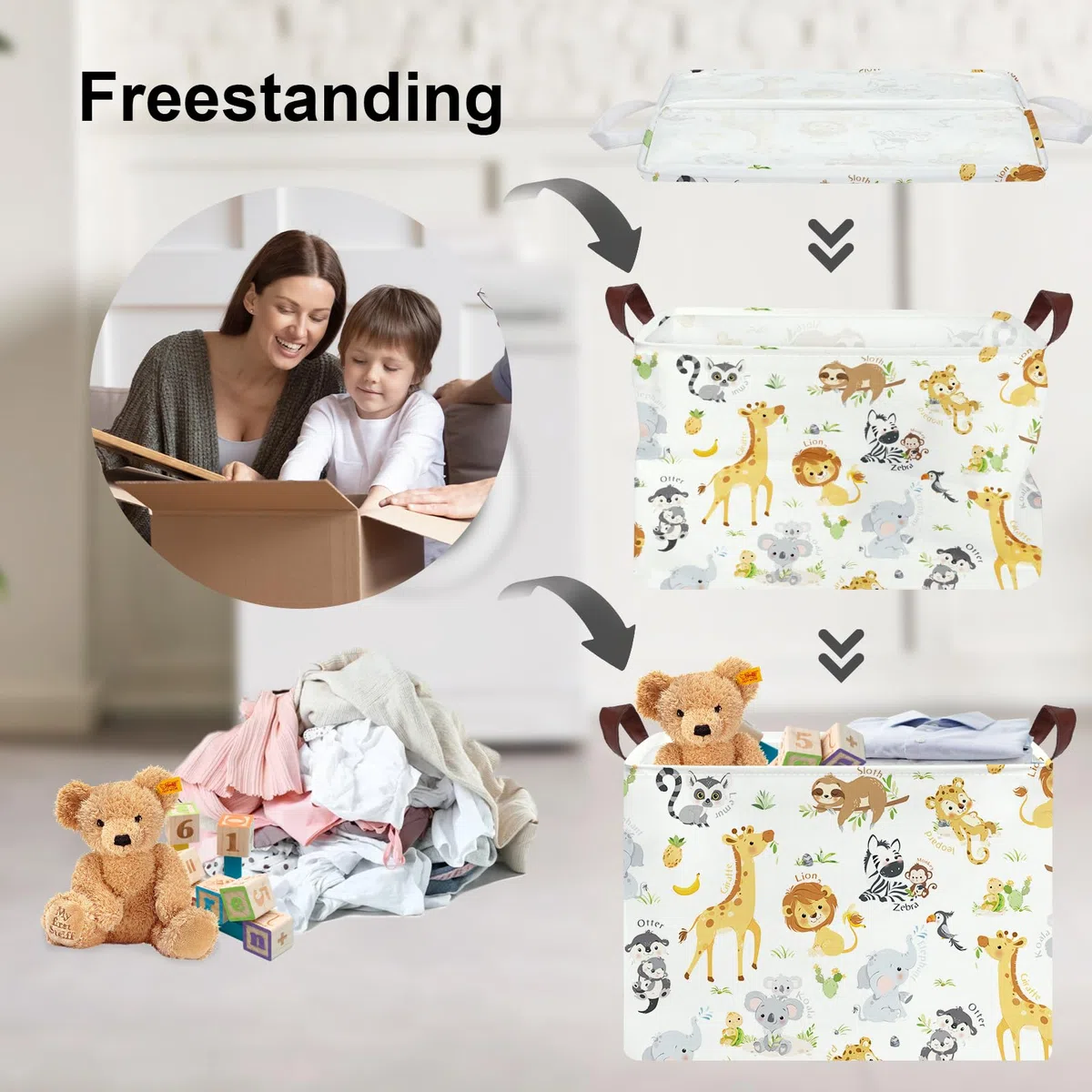 Clastyle 36L Grande Cajas de Almacenaje Animales con Asa Cesta para Guardar Blanco Ropa Juguetes Plegable Rectangular para Habitación Infantil Dormitorio
