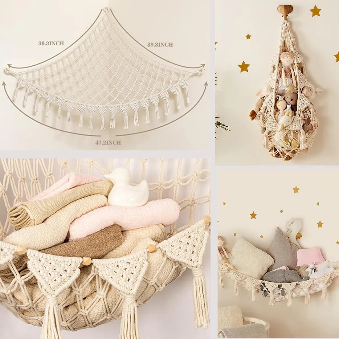 Hamaca de juguete, red de almacenamiento de animales de peluche, macramé, bohemio, soporte para juguetes de peluche, organizador colgante para dormitorio