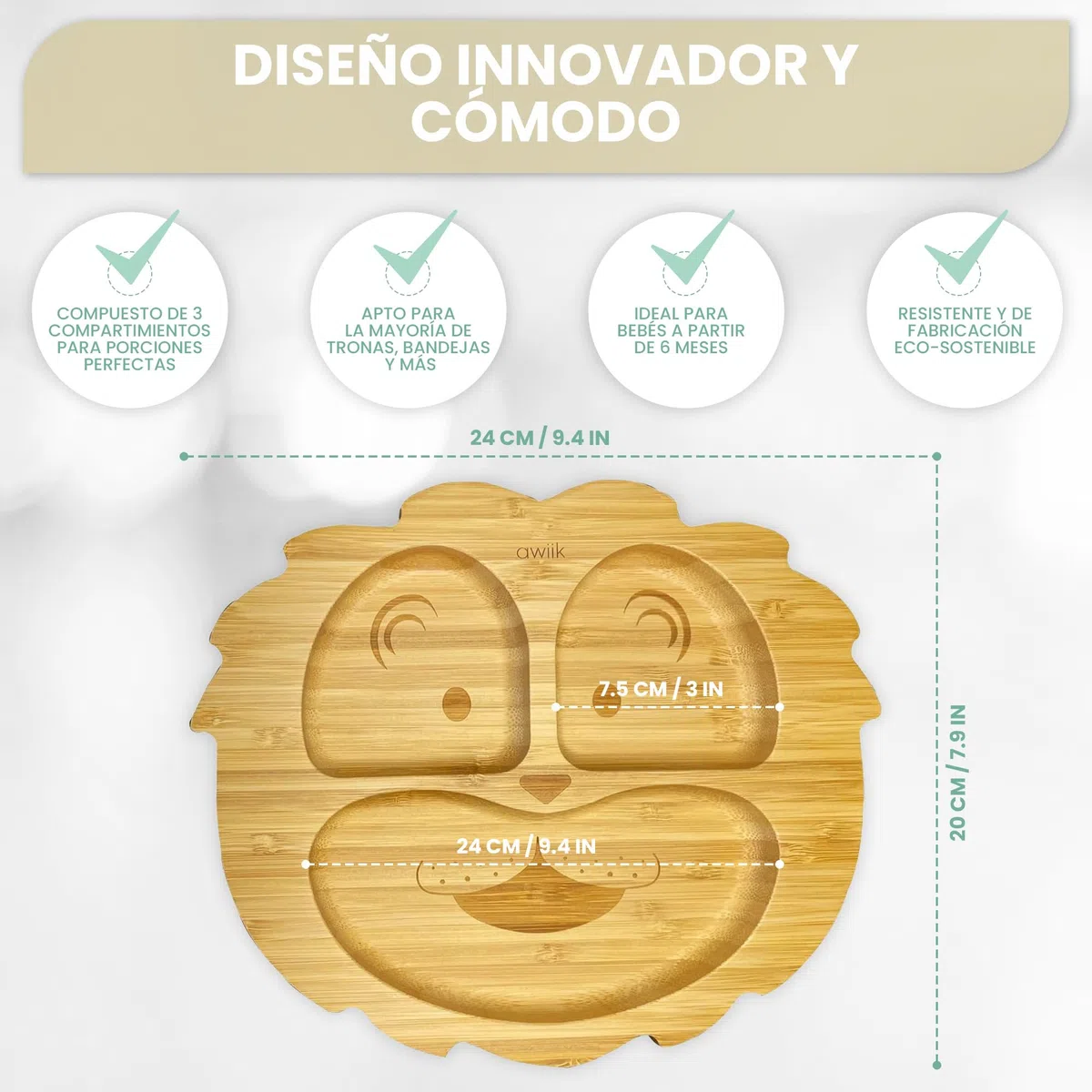Plato de Bamboo con fuerte ventosa para bebés y niños pequeños. Plato BLW de bambú antideslizante con succión. Vajilla infantil antivuelco para aprender a comer BLW. (Lion)
