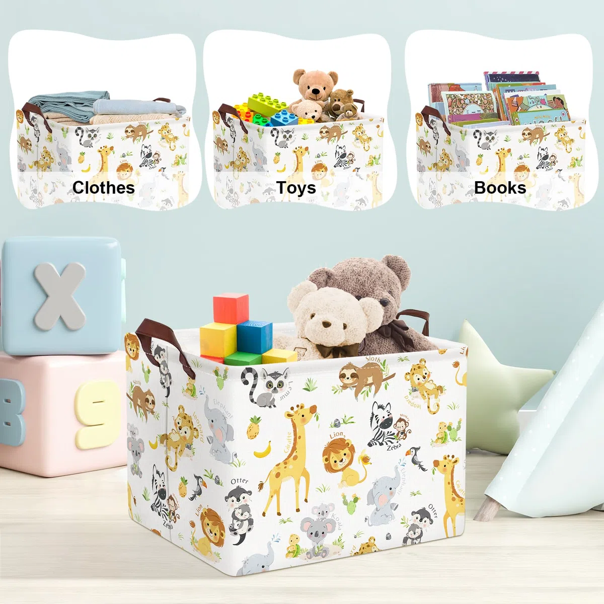 Clastyle 36L Grande Cajas de Almacenaje Animales con Asa Cesta para Guardar Blanco Ropa Juguetes Plegable Rectangular para Habitación Infantil Dormitorio