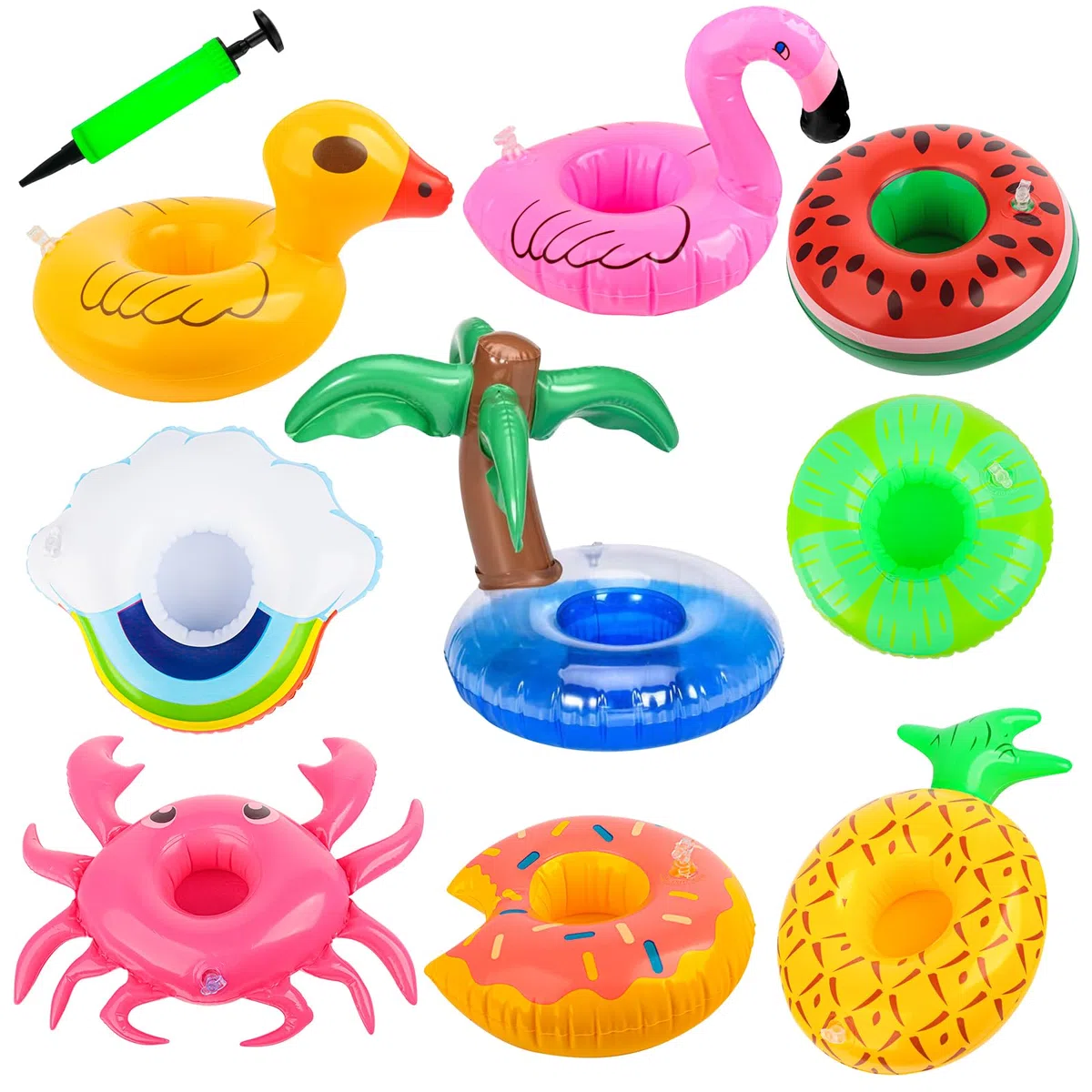 9 soportes inflables para bebidas, mini palmera de flamenco, soporte para botellas inflable con bomba de aire, para salas de verano y piscinas al aire libre y playas