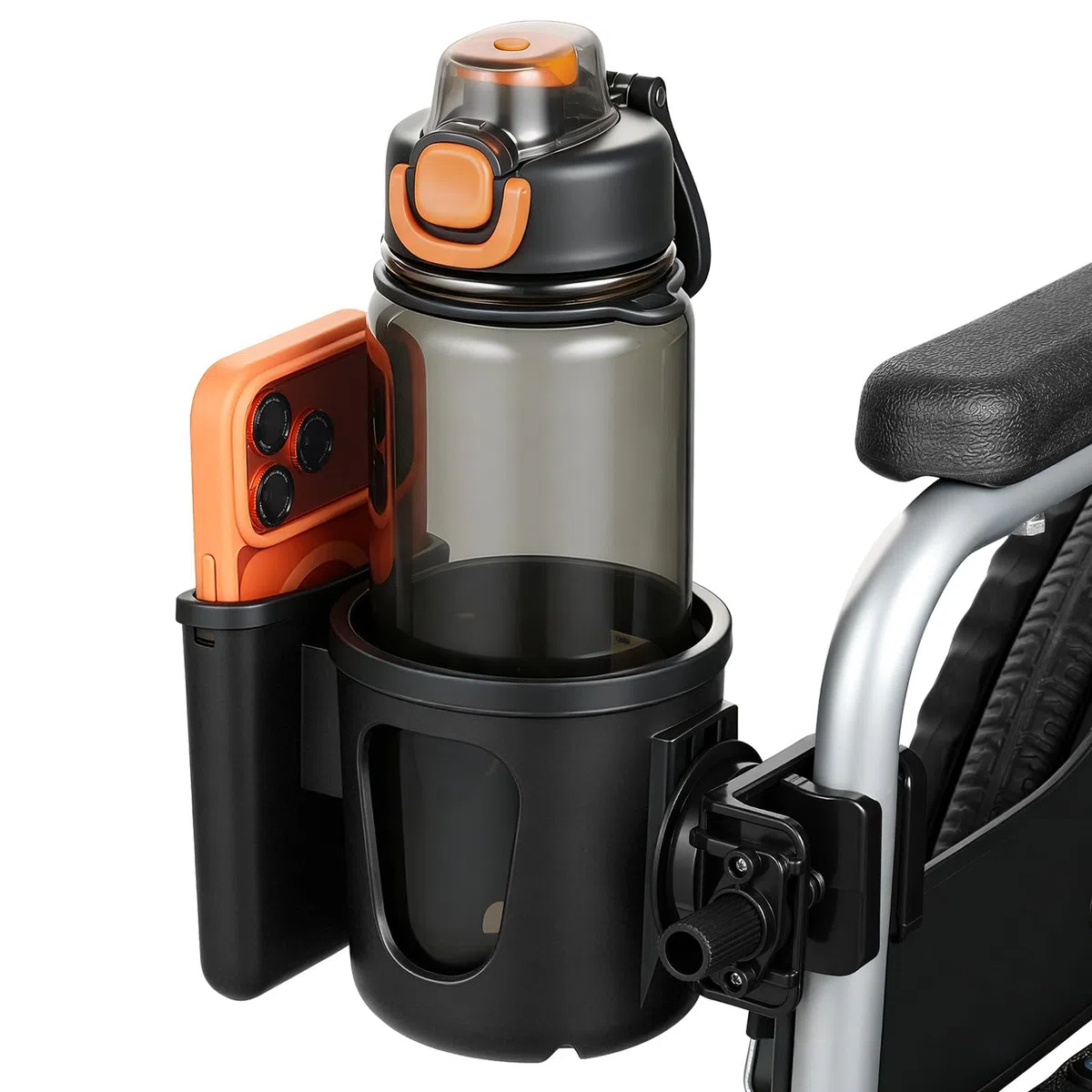 Siegvoll Soporte para bebidas 2 en 1, silla de ruedas con compartimento para teléfono móvil, giratorio 360°, soporte universal para tazas, estable y antideslizante, soporte para botellas para
