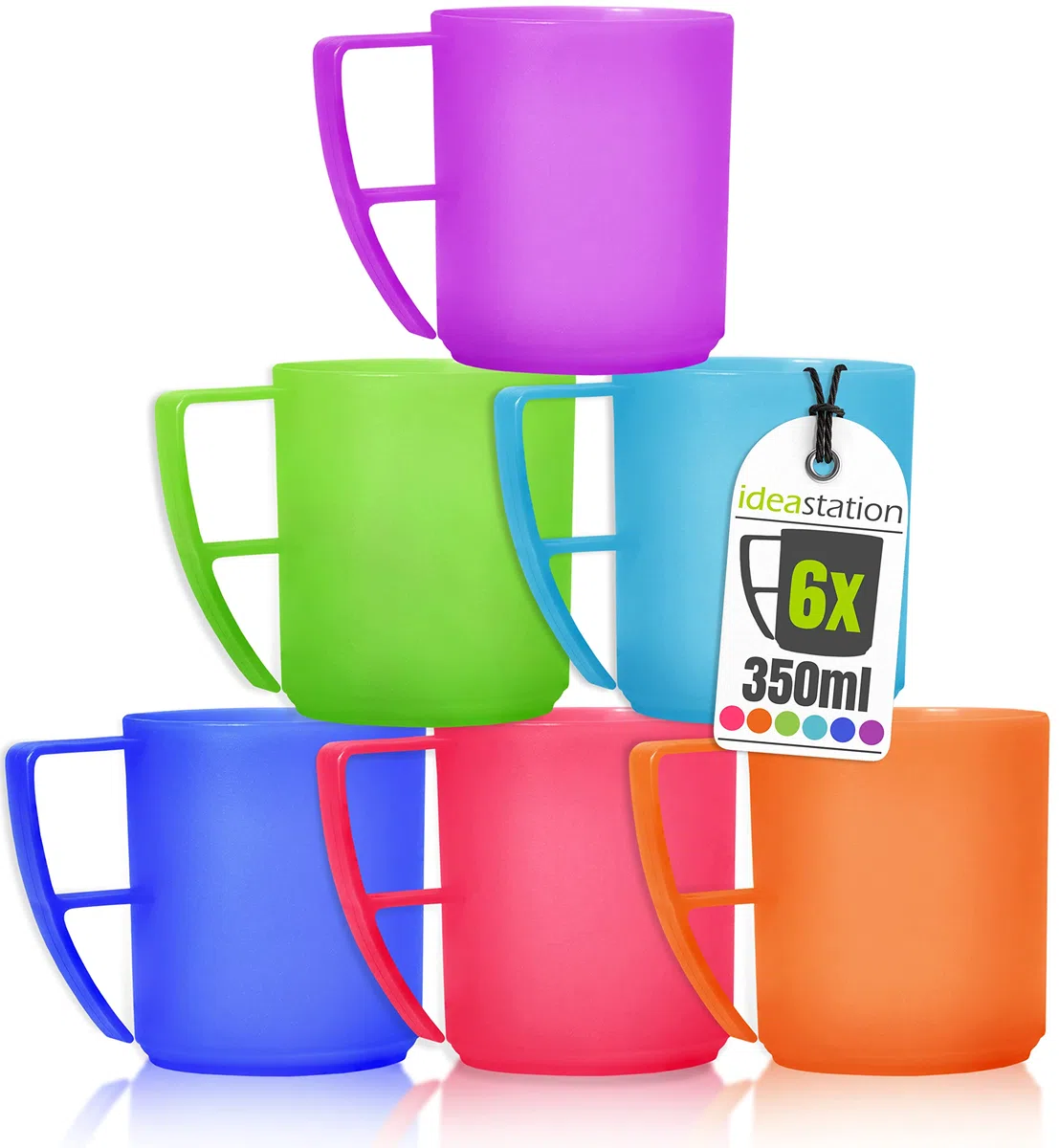 NEO Juego de 6 tazas de plástico para camping, 6x 350 ml - COLORES - taza de café o té irrompibles - tazas de plástico con asas ideales para llevar, vajilla camping