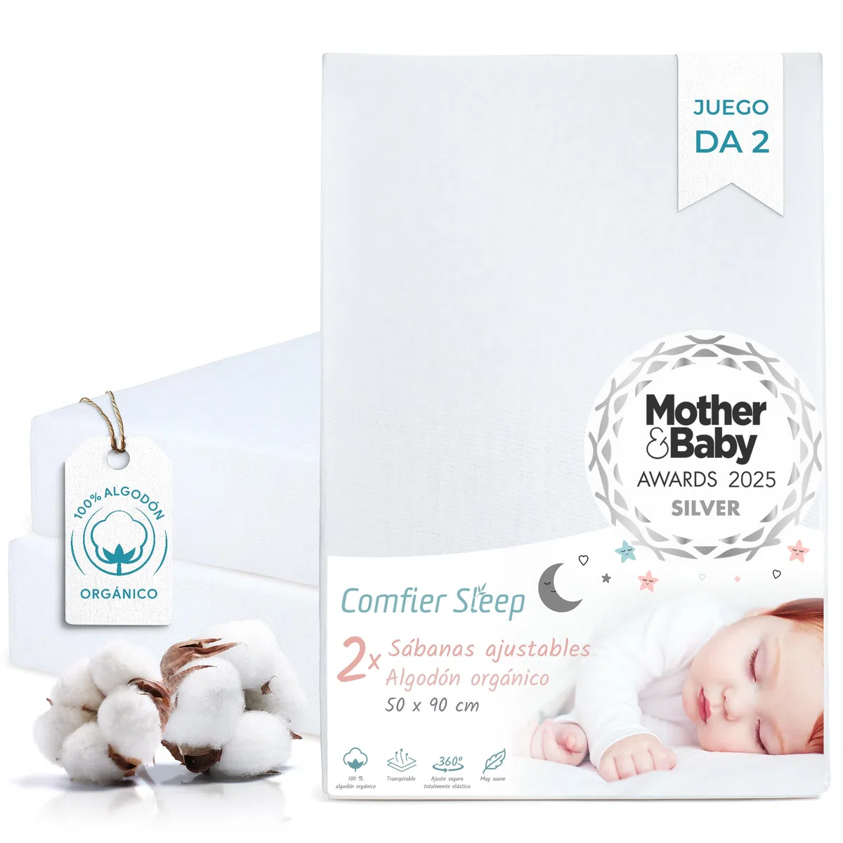 Sábana Bajera Minicuna 50x90 cm – 100% Orgánico Completamente Natural Juego de 2 Blanco Sabanas Minicuna – Suaves y Transpirables – Ajuste Elástico