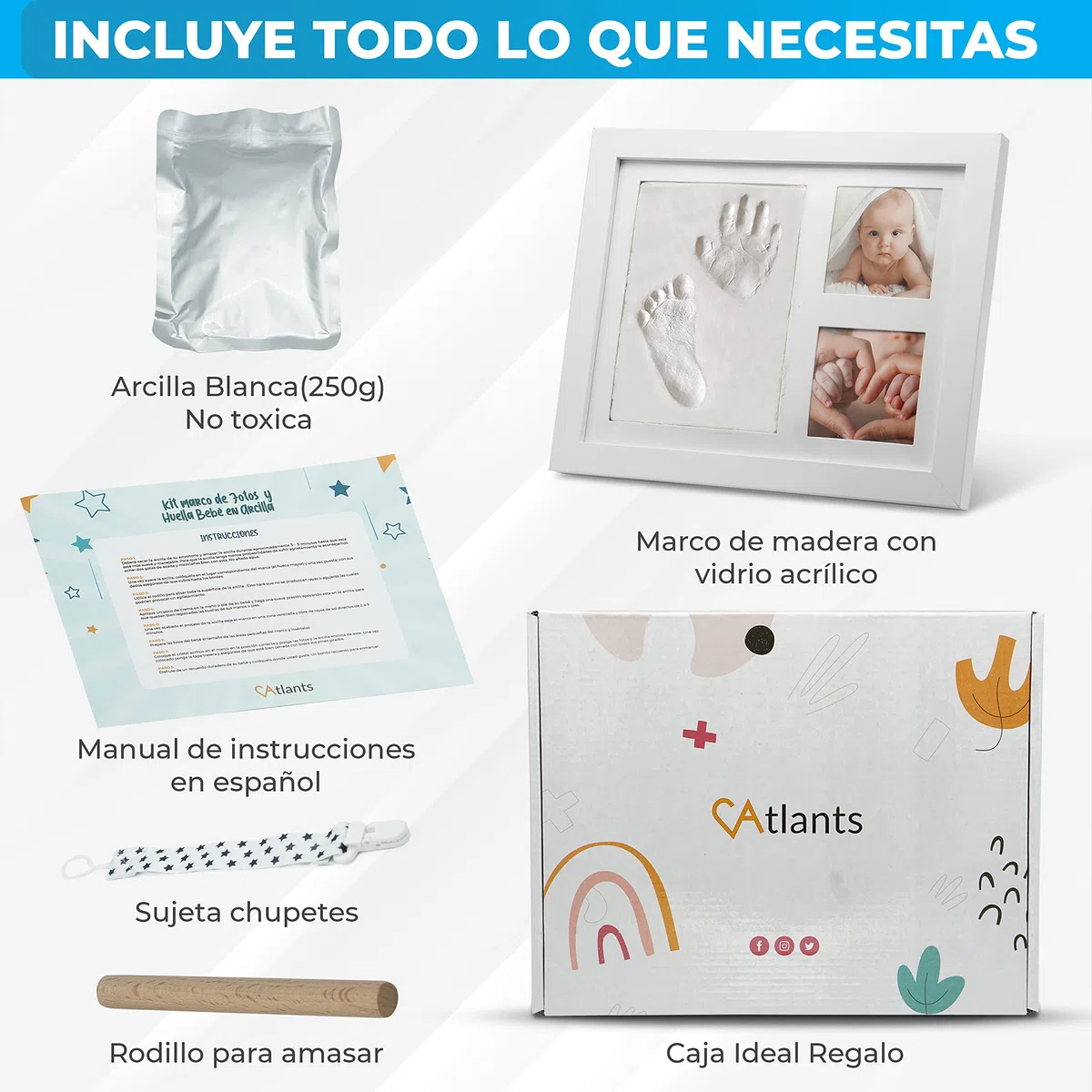 Atlants Marco de Huellas para Bebé, kit de arcilla segura y antigrietas, manos y pies, madera blanca premium, incluye rodillo, recuerdo original, regalo baby shower y mascotas
