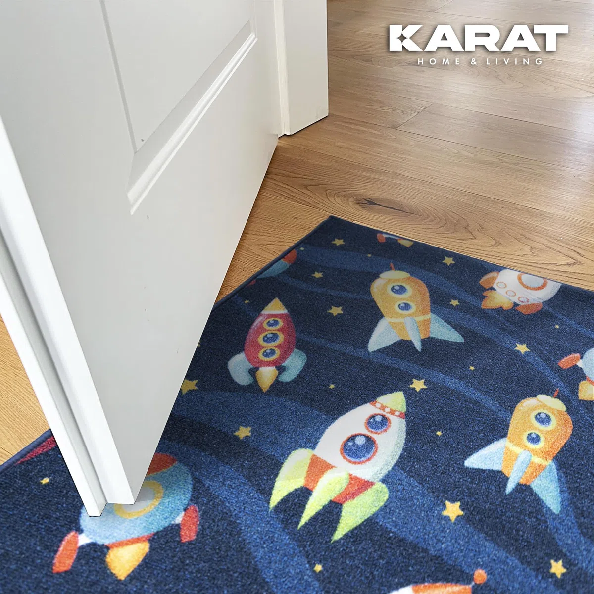 KARAT Alfombra infantil, para habitación y pasillo, antideslizante, resistente y fácil de cuidar, 80 x 200 cm, azul (lindos cohets)