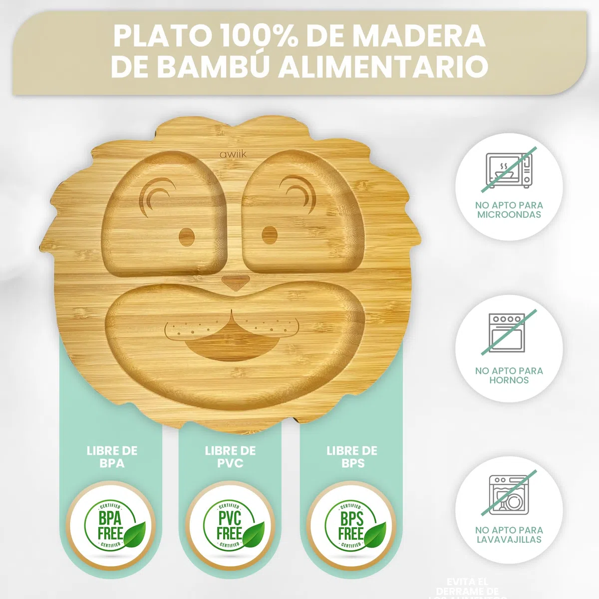 Plato de Bamboo con fuerte ventosa para bebés y niños pequeños. Plato BLW de bambú antideslizante con succión. Vajilla infantil antivuelco para aprender a comer BLW. (Lion)