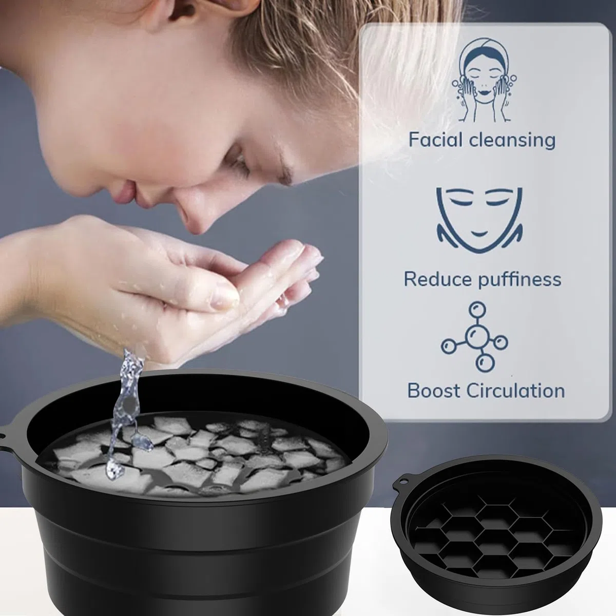 Cuenco para baño de hielo en la cara, recipiente de hielo para el cuidado facial de inmersión en frío, cuenco plegable para el hogar, viajes, estiramiento de la piel, cuidado facial