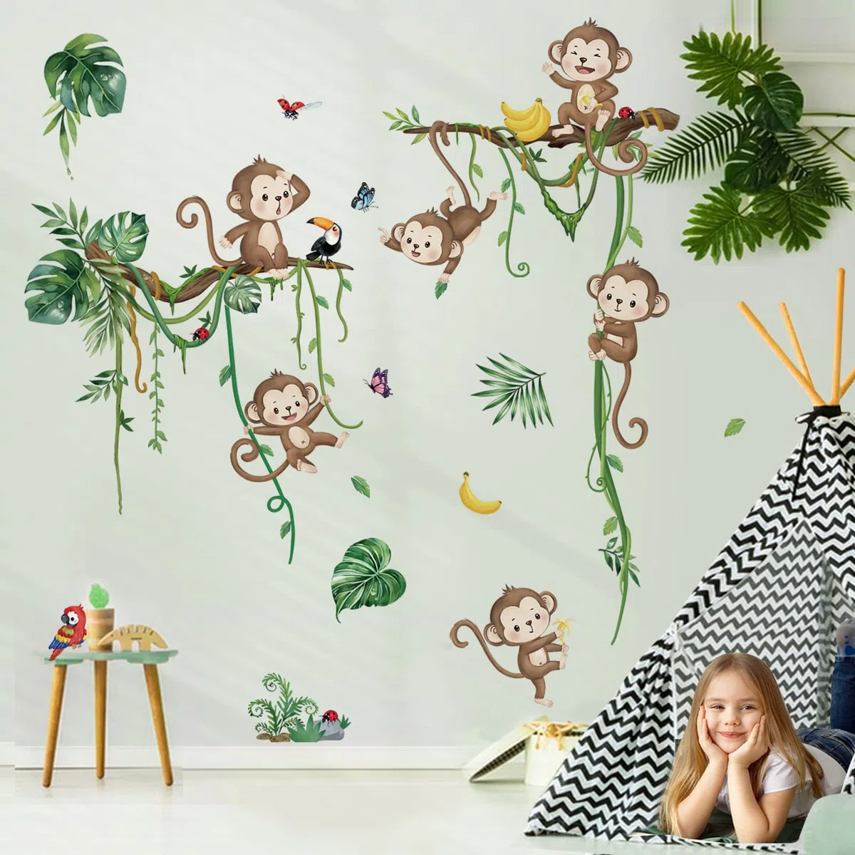 decalmile Pegatinas de Pared Animales de la Jungla Mono Vinilos Decorativos Mono Vid Hojas Rama de árbol Adhesivos Pared Habitación Infantiles Niños Bebés Guardería