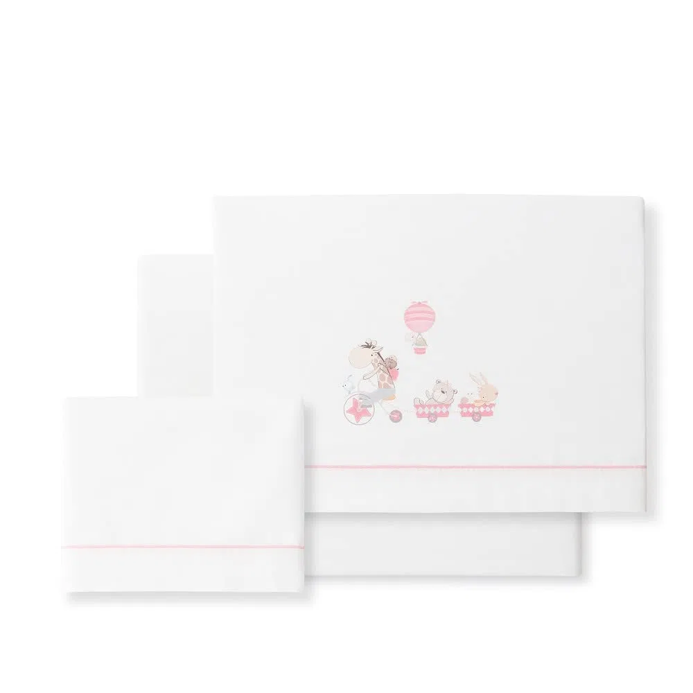 Juego de sábanas de Minicuna JIRAFA BICICLETA en blanco rosa · 100% ALGODÓN · INTERBABY