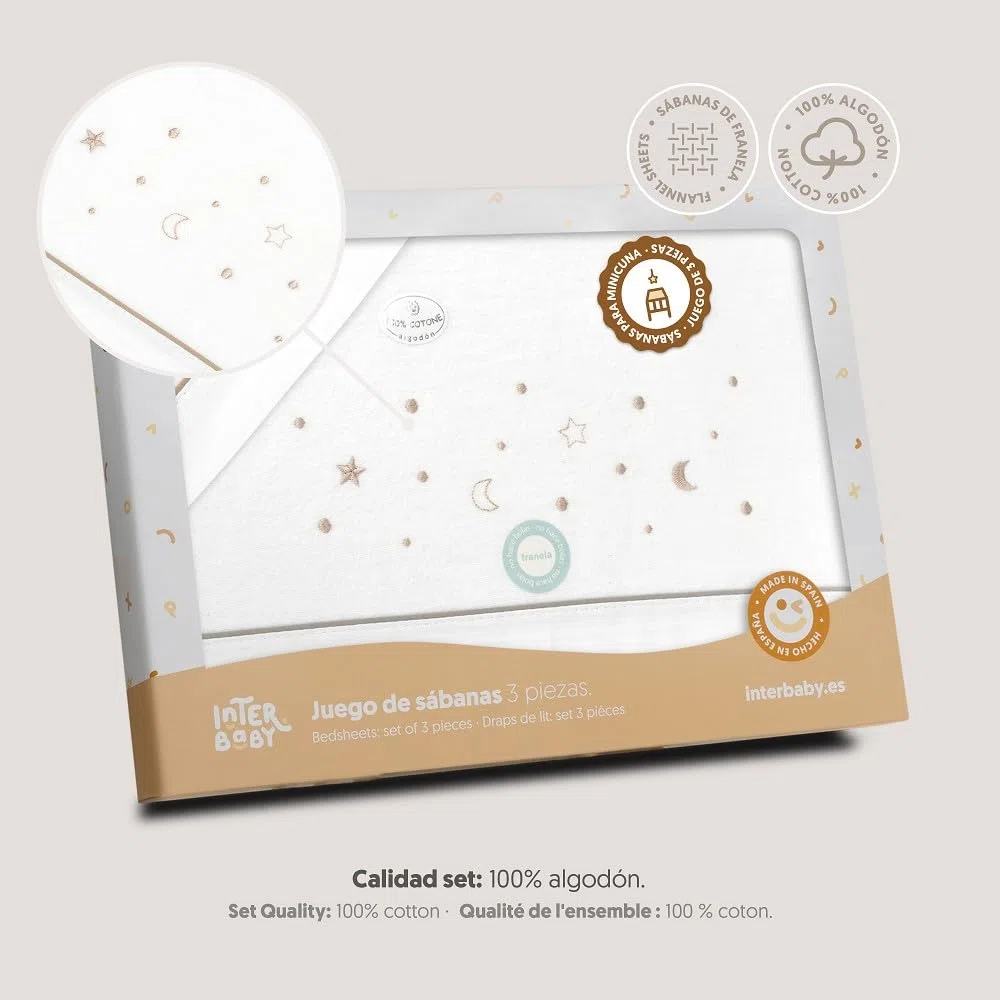 Interbaby - Juego Sabanas Minicuna 50x80 Algodón 100% | Sabana Cuna Bebe Franela, Cálida | Incluye Sabana Bajera, Encimera y Funda de Almohada | Ideal Invierno | Estrellas Luna Blanco/Beige