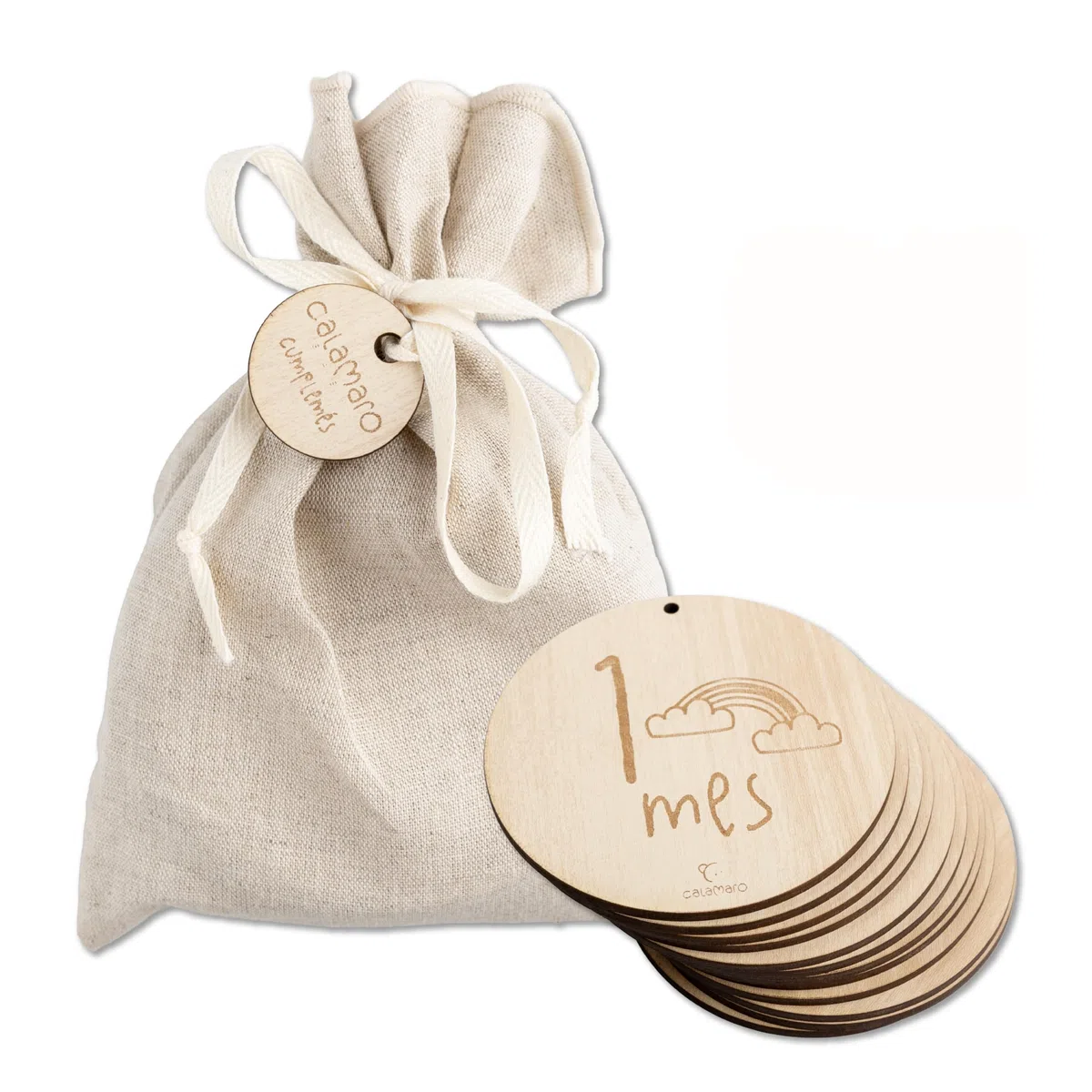 Calamaro - Cumplemes Bebé Madera – Set 12 Placas 1-11 Meses + 1 Año – Cumplemes Bebé Español – Regalo Recién Nacido – Hecho en España – Bolsa Lino Premium (English)
