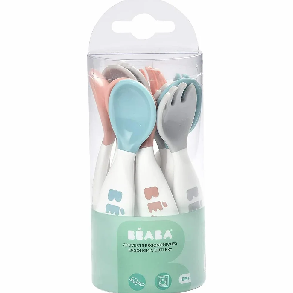 BÉABA, Juego de Cubiertos Ergonómicos, Juego de 6 cucharas y 4 tenedores, Mango corto y Redondeado, Fácil Agarre para el Bebé, Apto para Diestros y Zurdos, Gris/Azul/Rosa