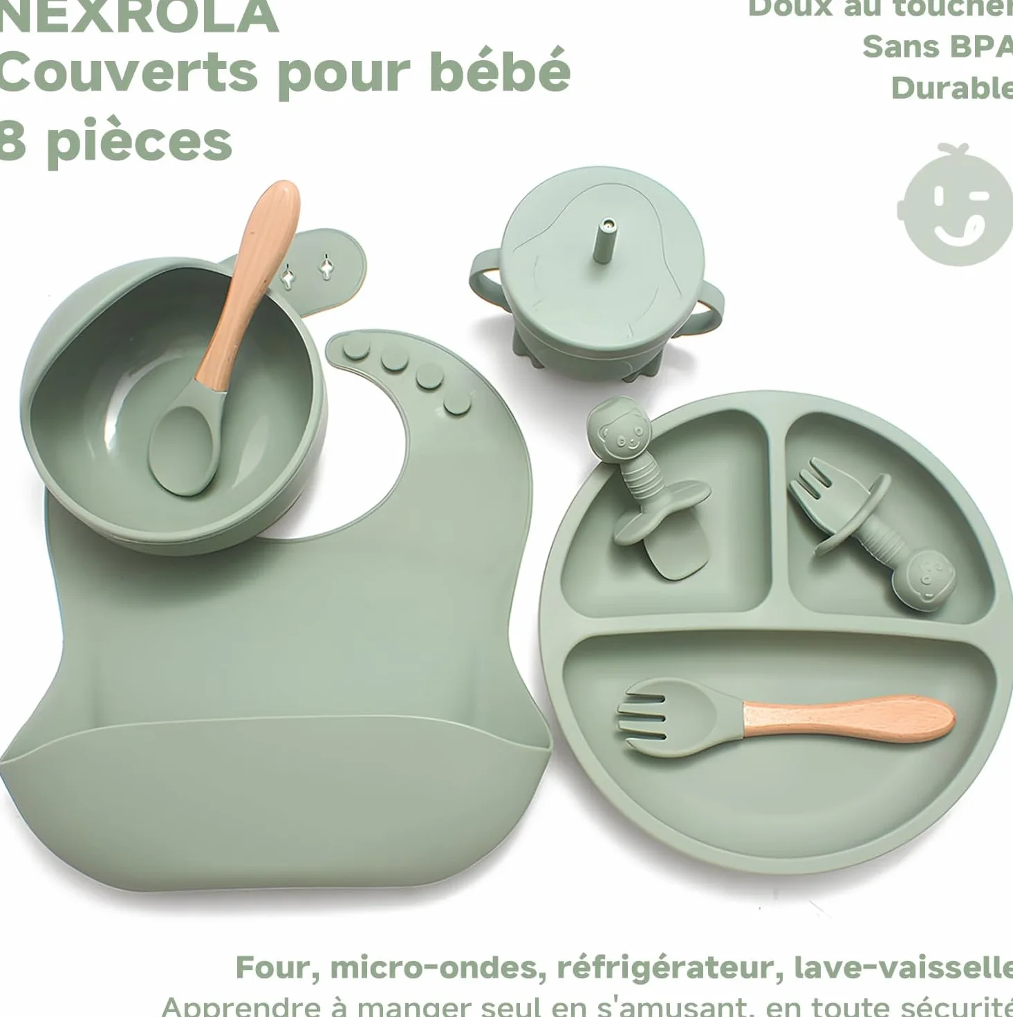 Cubiertos Bebe, 8 Piezas, Vajilla bebe Silicona, Platos Bebe con Ventosa, Vajilla Infantil, Baby Led Weaning, Cuchara Bebe, Babero Silicona Bebe, Vaso Bebe, Cubiertos Infantiles, Verde