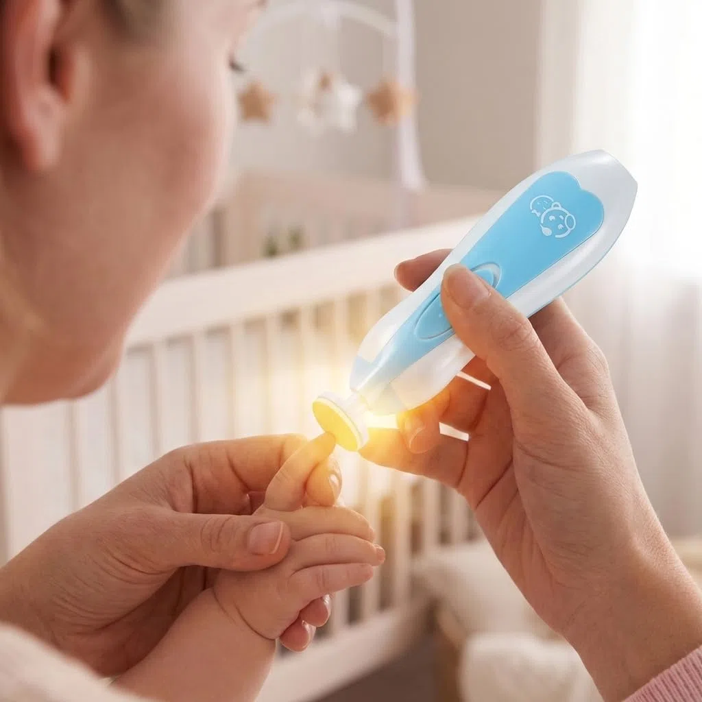 Royal Angels Lima de Uñas Eléctrica para Bebé 21 en 1 con Estuche Rotulado, 13 Almohadillas de Repuesto Extra, Kit de Manicura Seguro para Recién Nacidos y Niños, Cortador Silencioso con Luz LED(azul)