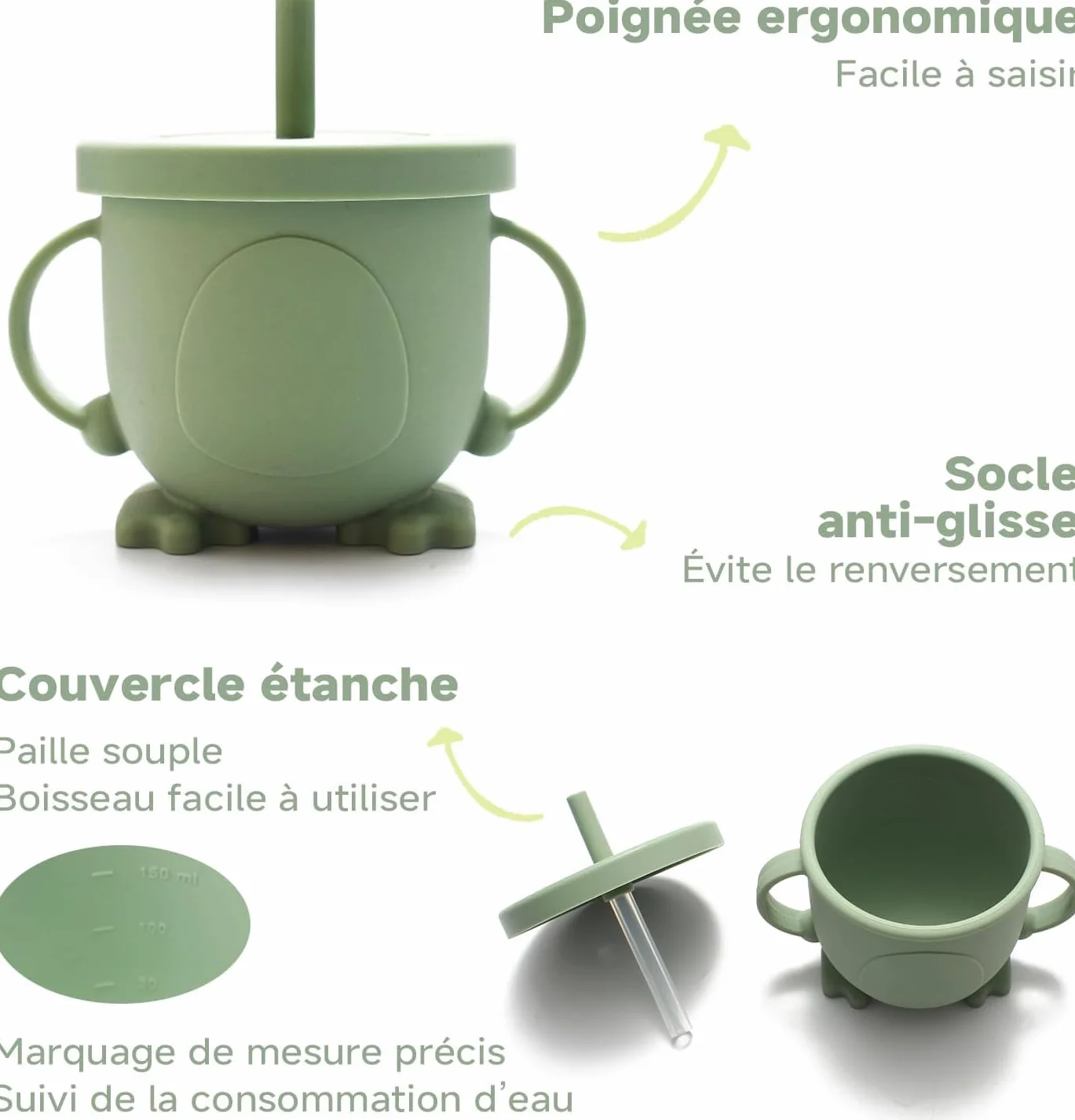 Cubiertos Bebe, 8 Piezas, Vajilla bebe Silicona, Platos Bebe con Ventosa, Vajilla Infantil, Baby Led Weaning, Cuchara Bebe, Babero Silicona Bebe, Vaso Bebe, Cubiertos Infantiles, Verde