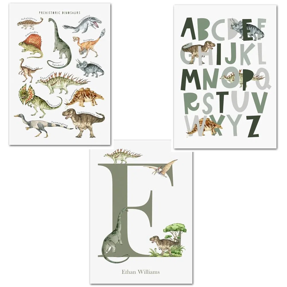 Youihom 3 Poster Dinosaurios Niños Cuadros Bebe Personalizados con Nombre Laminas 30x40 Infantiles Cuadros Verdes Habitación Poster Alfabeto Español Laminas Lienzo sin Marco