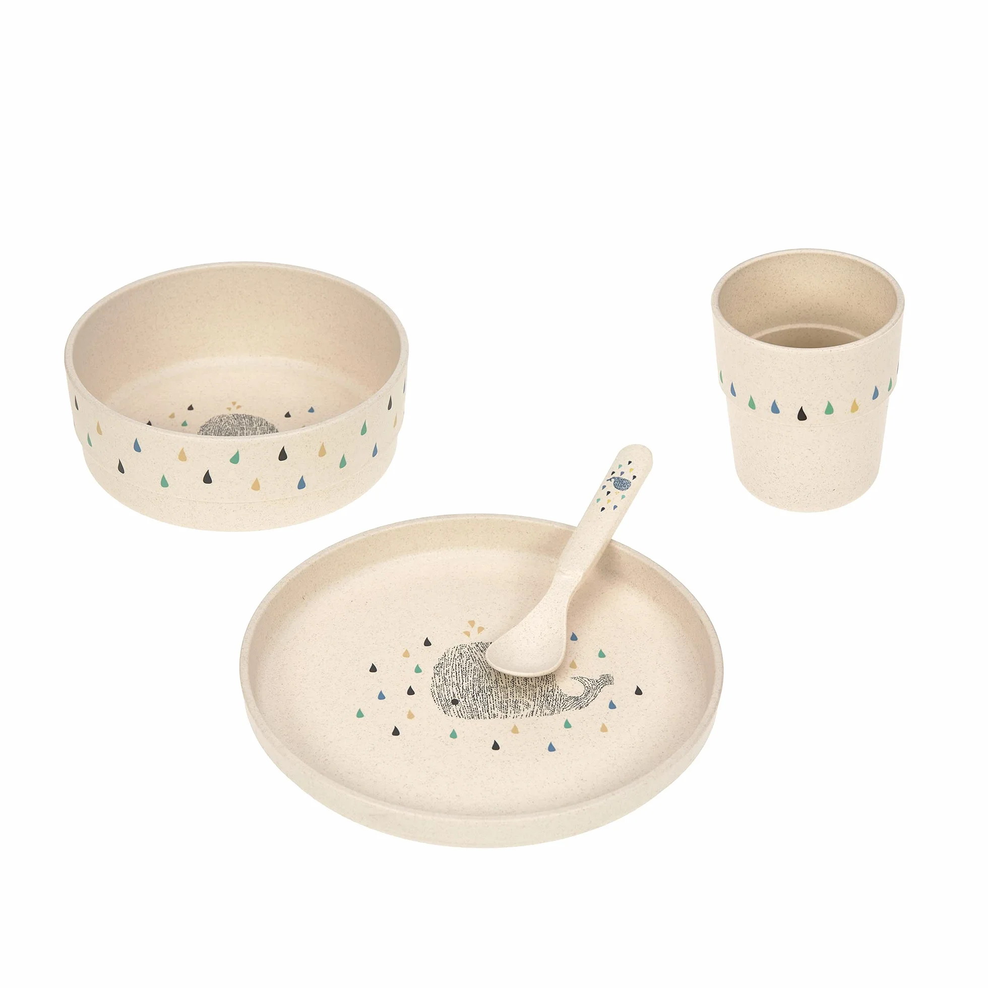 LÄSSIG Juego de vajilla infantil (plato, taza, cuenco, cuchara) sin BPA, apto para lavavajillas y microondas/Juego de vajilla Little Water Whale