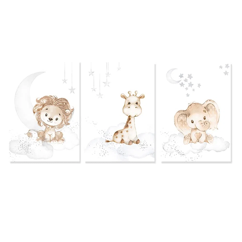 3 Laminas para Cuadros Infantiles Poster Animales Diseño de León Jirafa Elefante Nubes Estrellas Luna Pared Decoración Dormitorio Habitacion Bebé Niño Niña Regalo 30 x 40 cm sin Marco