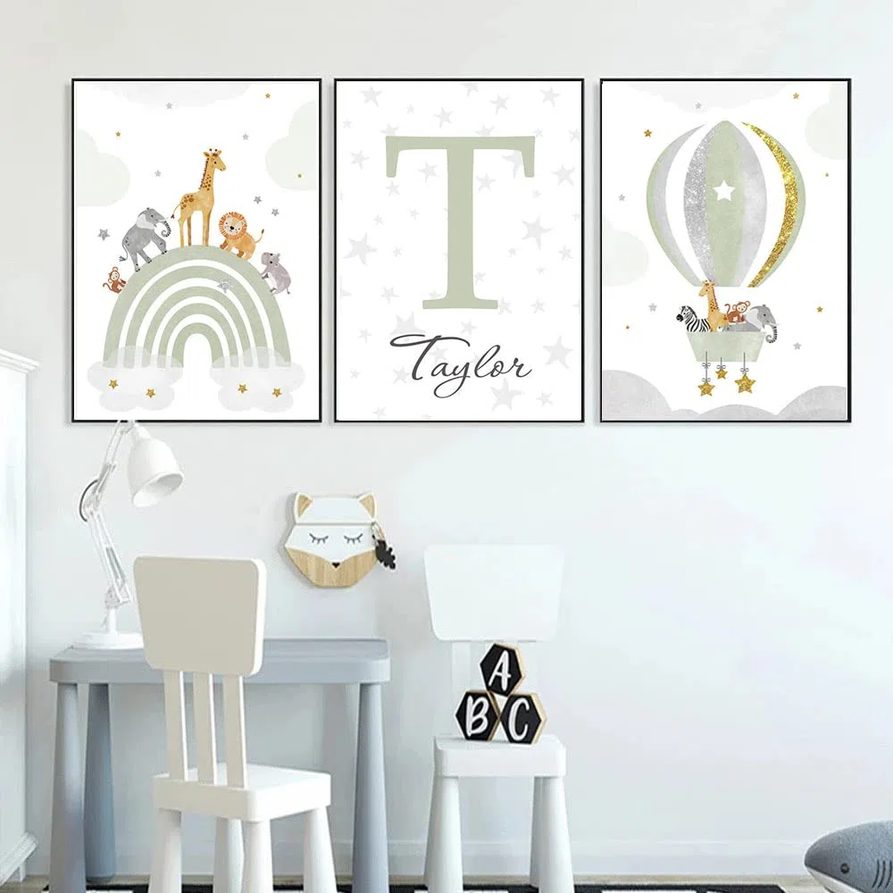 3 Laminas Animales Infantil Arco Iris Globo Aerostático Poster Nombre Bebe Boho Verde 30 x 40 León Jirafa Elefante Cuadro Personalizado Niño Niña Decoración Pared Regalo sin Marco (YHH018-30x40cm)
