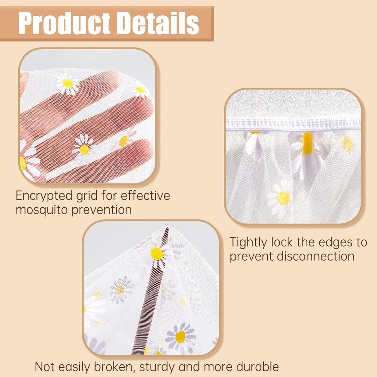 Mosquitera para cochecito, red portátil con estampado de margaritas para cochecitos, moisés, minicuna, cuna y corralitos (margarita blanca)