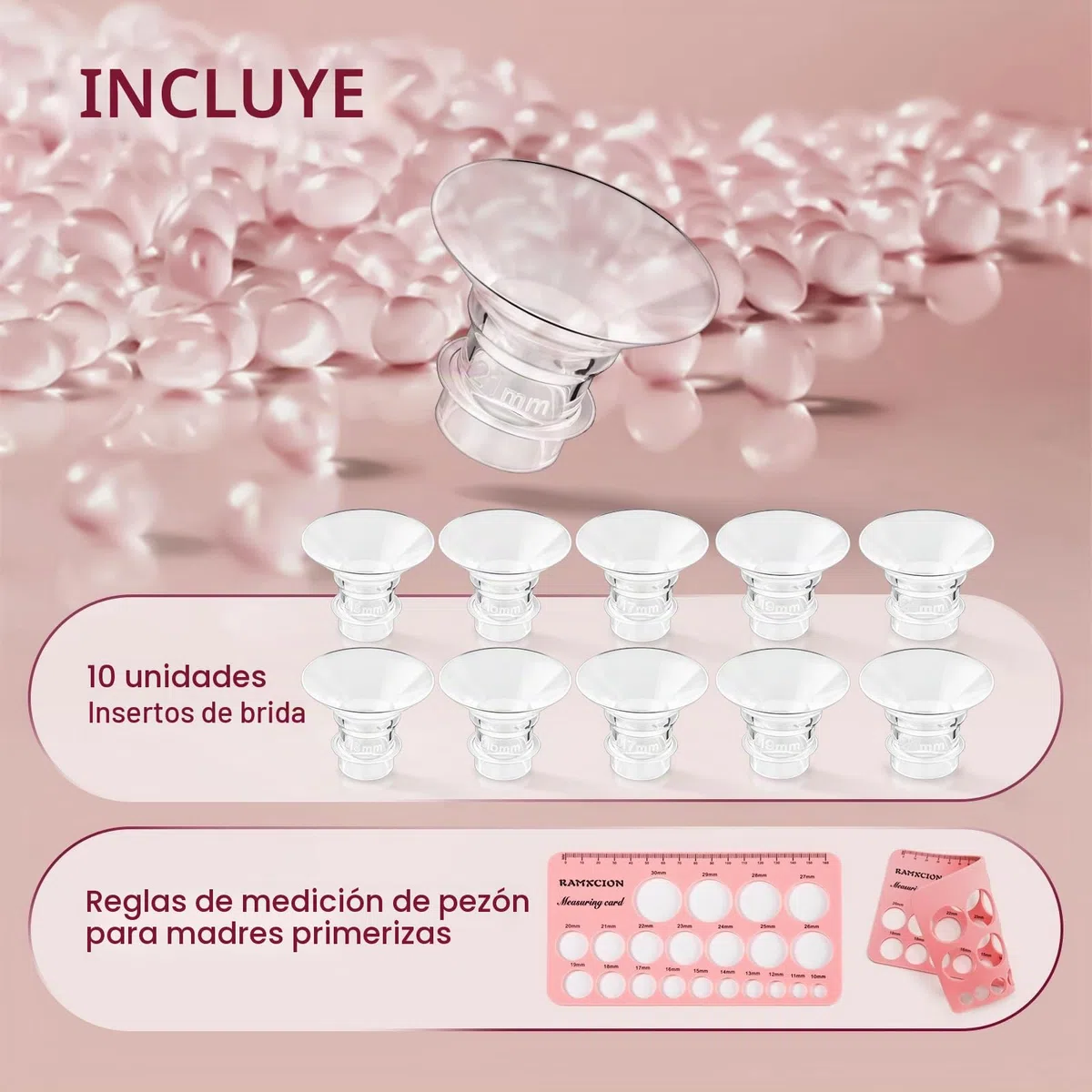 10 insertos de brida 13/15/17/19/21 mm, accesorios de lactancia materna compatibles con la mayoría de bombas de leche eléctricas y manuales, con cepillo de limpieza y tarjeta de medición para pezones