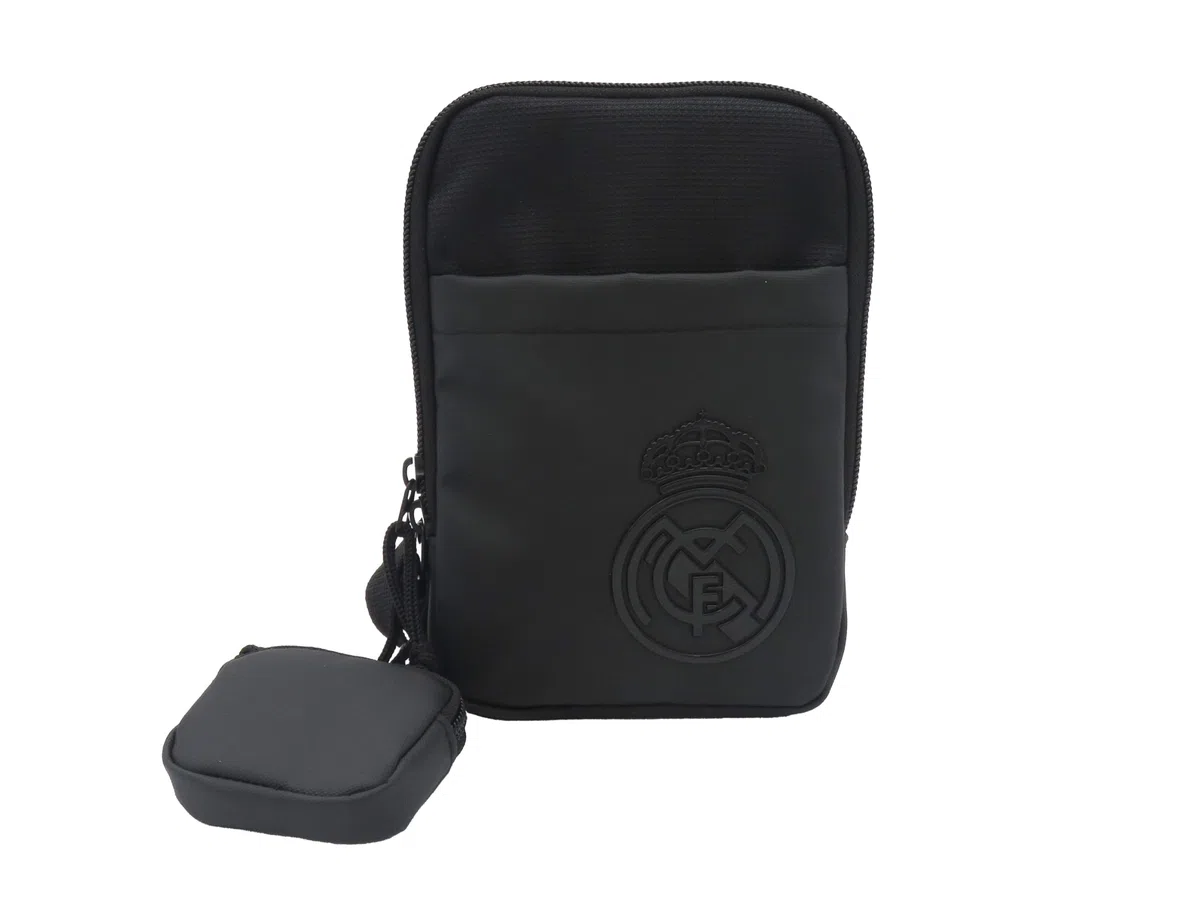CYPBRANDS- Real Madrid, Bandolera, Bolso, Cartera, Riñonera, Accesorio para airpods o monedas, Unisex, Color Negro, Producto Oficial