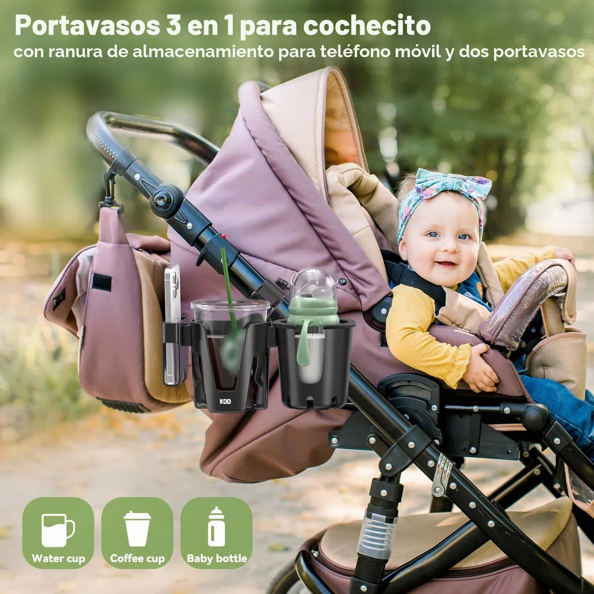 KDD Portavasos para Cochecito con Soporte Teléfono, 3 en 1 Portavasos Carito Bebe Extraíble, Portabotellas para Silla Rotación de 360 Grados Soporte para Vasos para Cochecito Bicicleta Andador Scooter