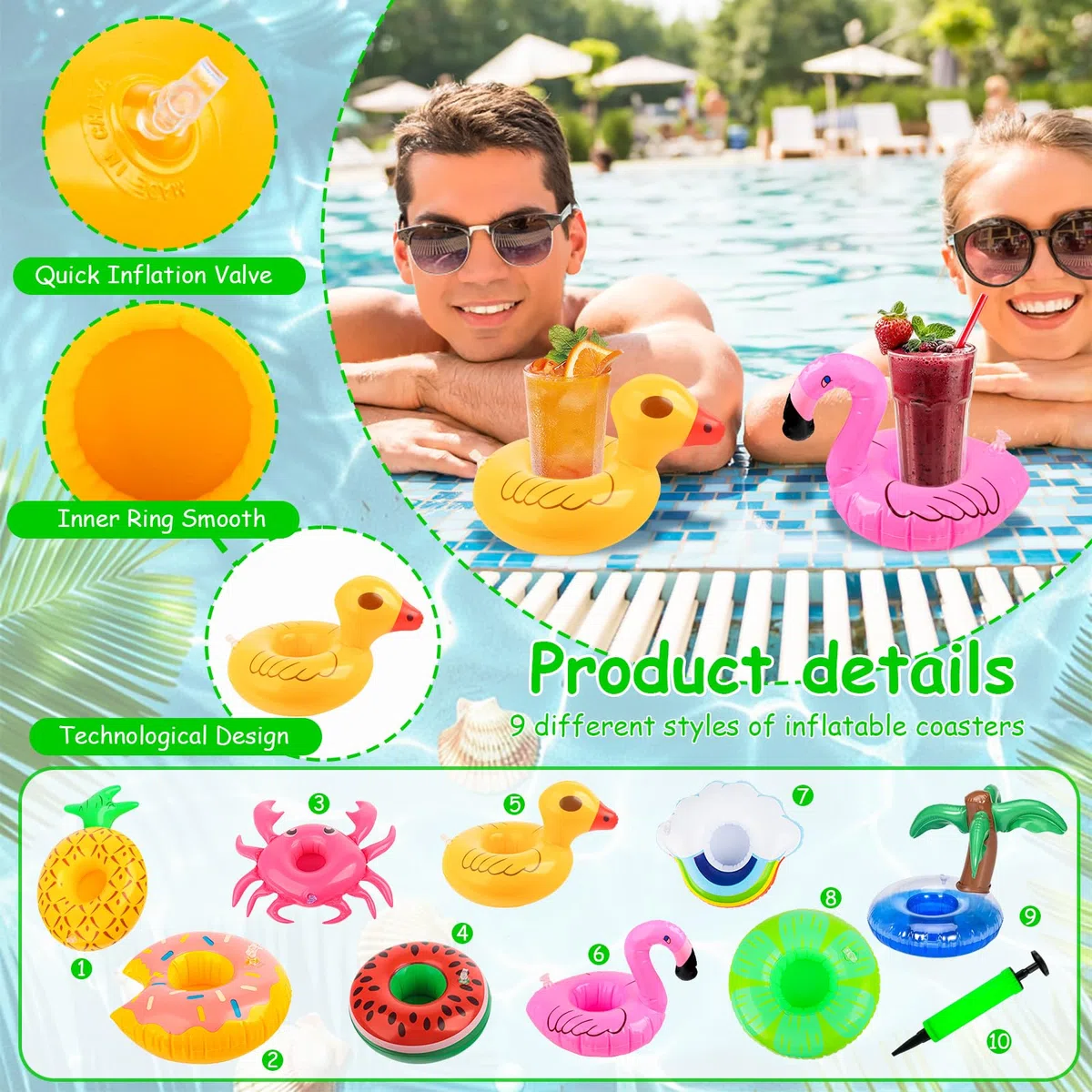 9 soportes inflables para bebidas, mini palmera de flamenco, soporte para botellas inflable con bomba de aire, para salas de verano y piscinas al aire libre y playas
