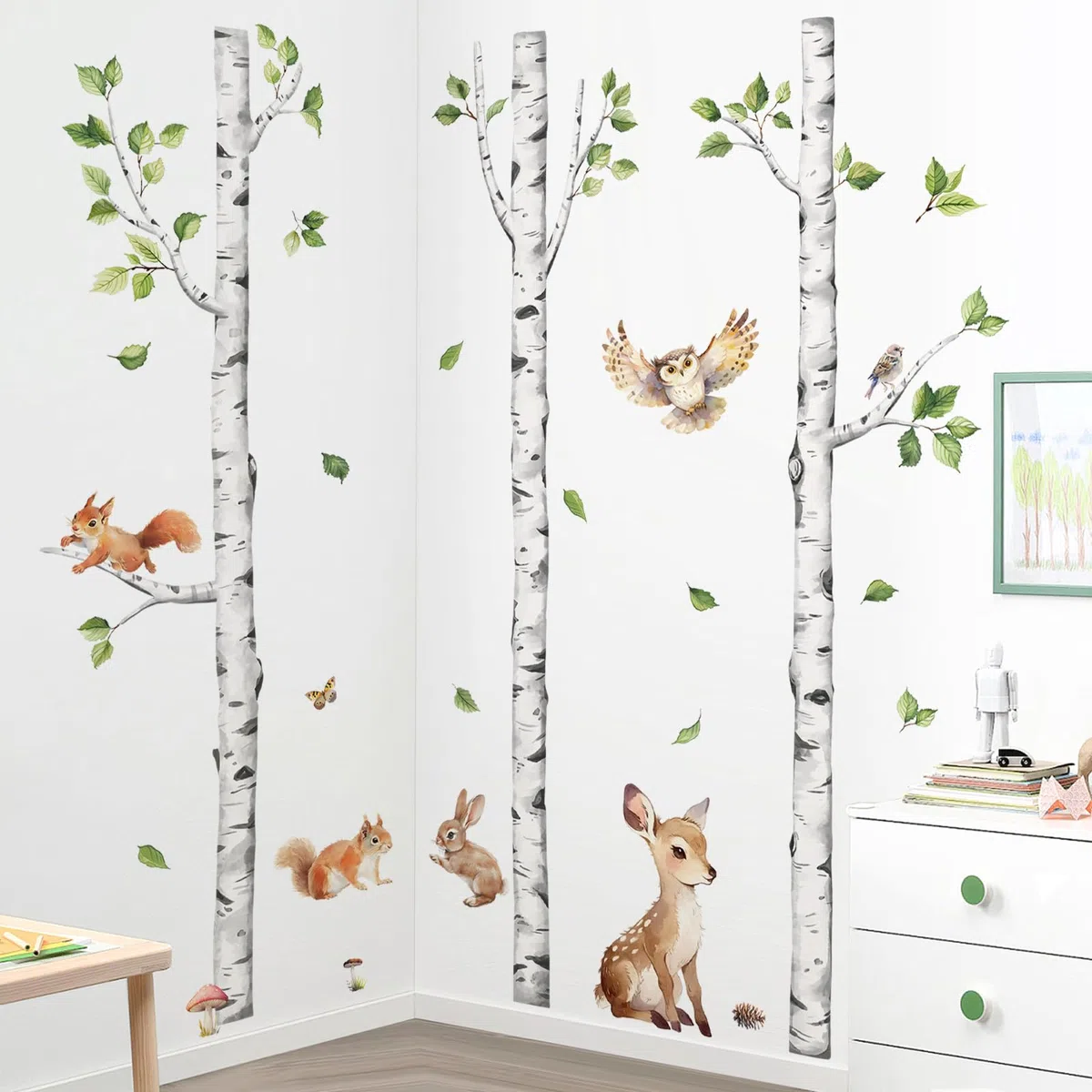Tanlaby Abedul Animales Adhesivos Pared Grande Bosque Árbol Pegatinas de Pared Ciervo Zorro Conejo Vinilos Decorativos para Niños Bebés Habitación Dormitorio Guardería