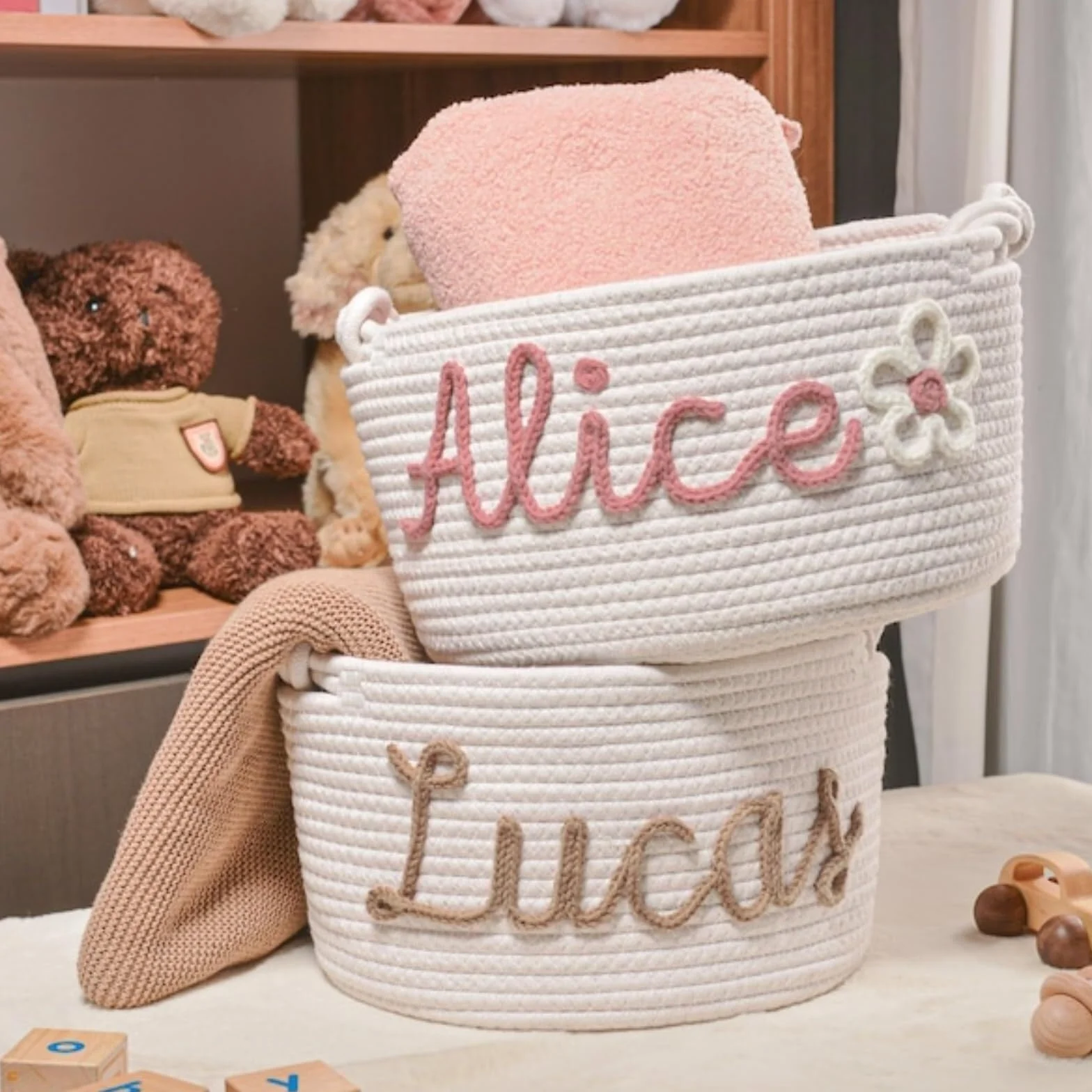 Cesta De Regalo Personalizada For Bebé, Cesta De Algodón Con Cuerda For Baby Shower Con Nombre Personalizado, Organizador De Juguetes(S:19X12X27CM)