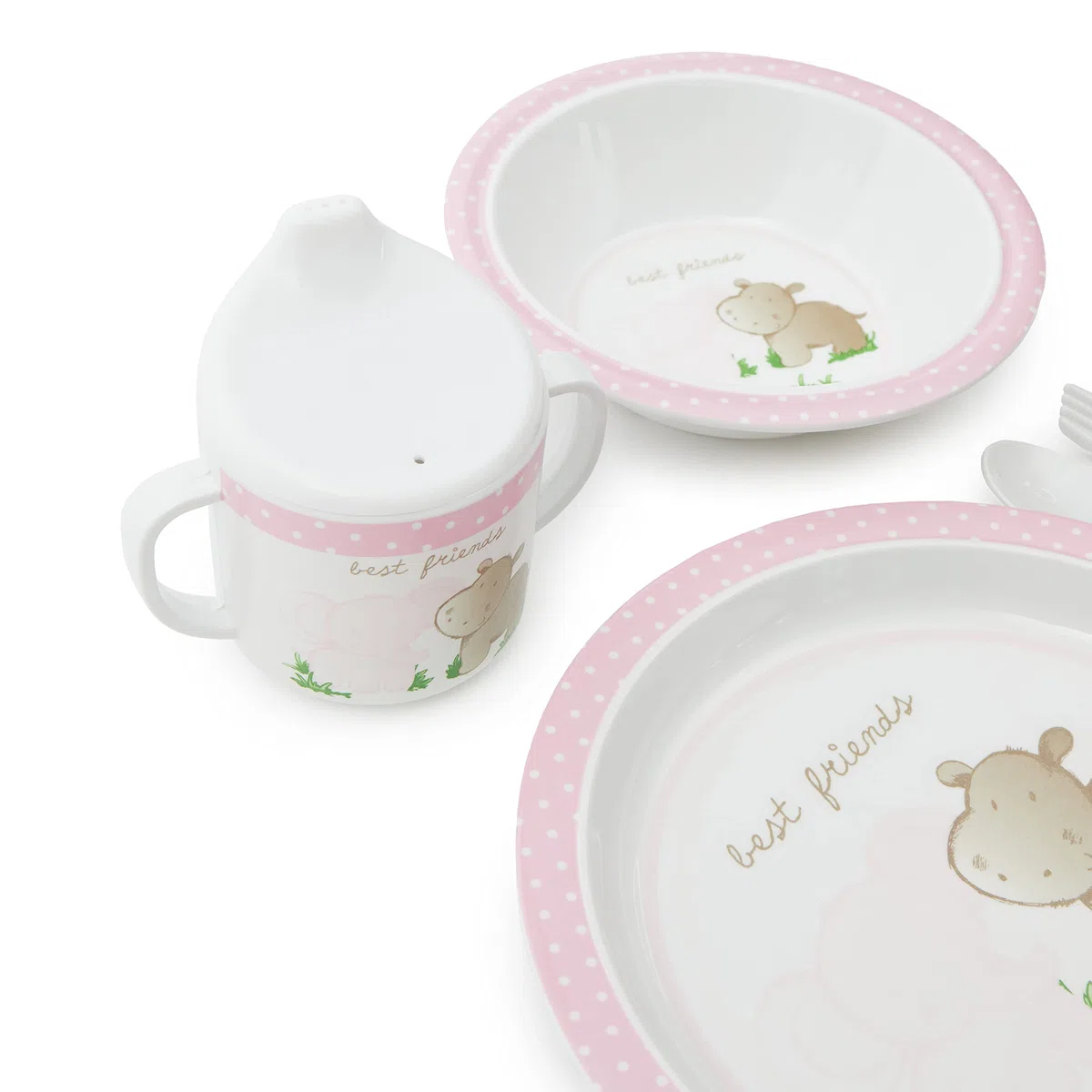 Bieco Set de Vajilla Infantil con Diseño de Animales | Vajilla Bebé 5 Piezas | Infantil Melamina | Set Comida Bebé | Niñas | Rosa