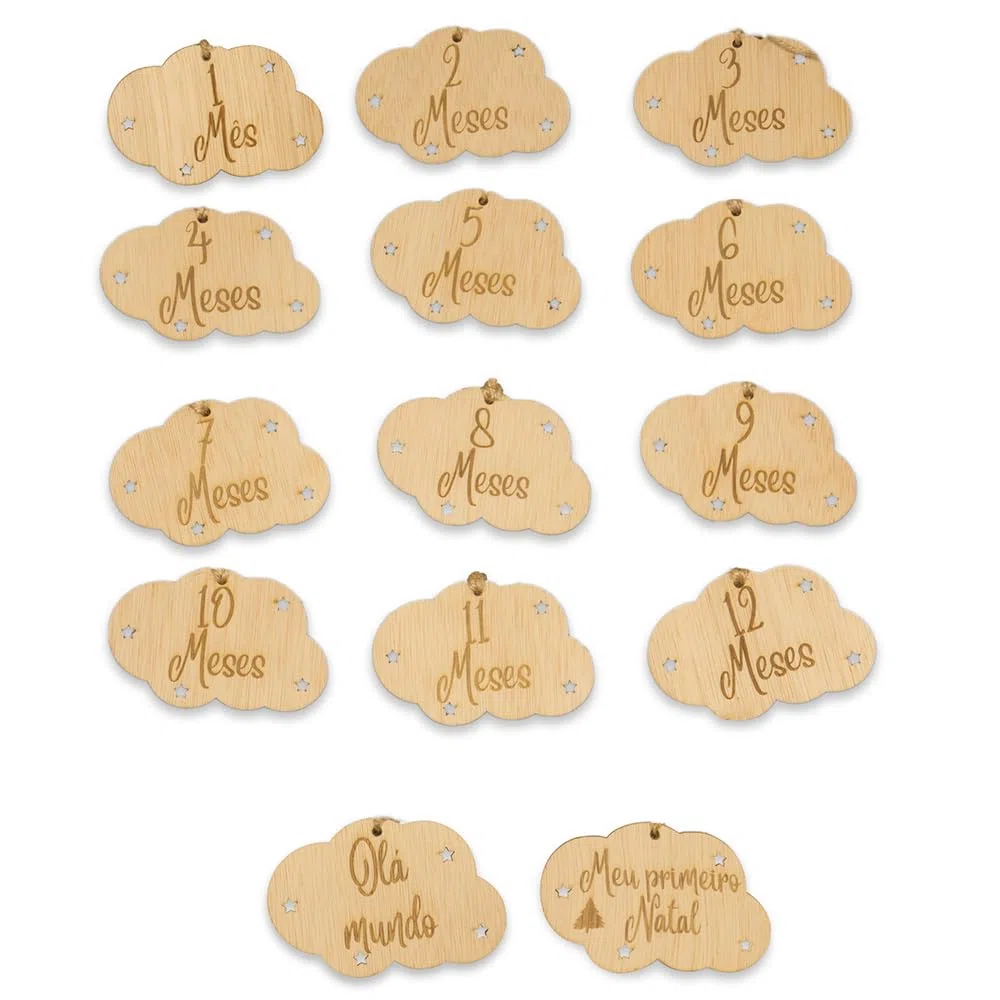 B.BachVibes - Emblemas de bebê de madeira - Conjunto com 14 discos mensais - Ideal para fotos de recém-nascidos e presente para chá de bebê (Portugues)