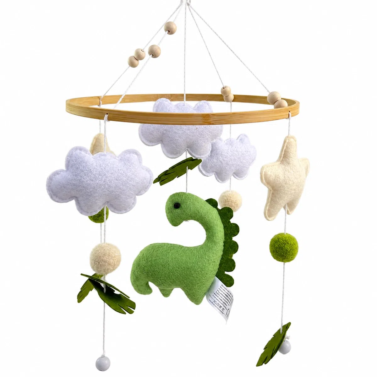 Móvil de Madera para Bebé Dinosaurio, 3D Carillón de Viento Móvil para Bebé con Bolas de Fieltro, Mobile Bebe con Estrellas, Decoración para Cuna, Nubes y Hojas Regalo para Niña Niño, Verde