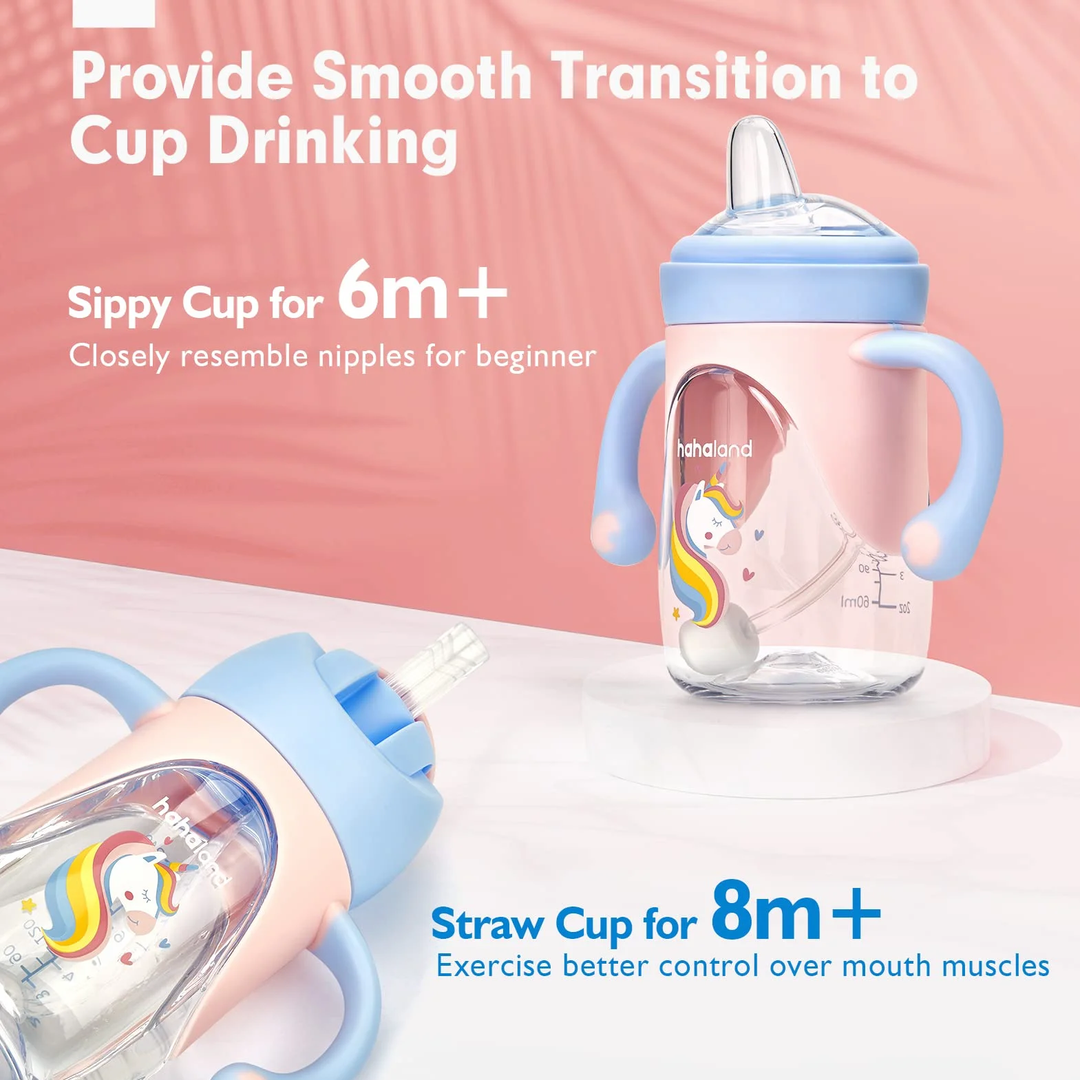 hahaland 2 en 1 Vaso Aprendizaje Bebes, Vaso Antiderrame Bebe con Boquilla y Pajita, Vaso Antigoteo Bebe Sippy Cups para Bebes 6+ meses, 240ml (Un Vaso con Boquilla y Pajita)