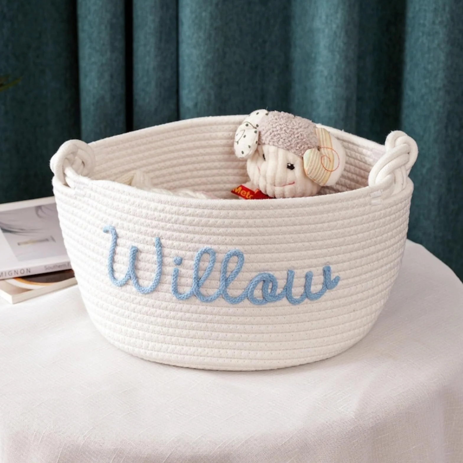 Cesta De Regalo Personalizada For Bebé, Cesta De Algodón Con Cuerda For Baby Shower Con Nombre Personalizado, Organizador De Juguetes(S:19X12X27CM)