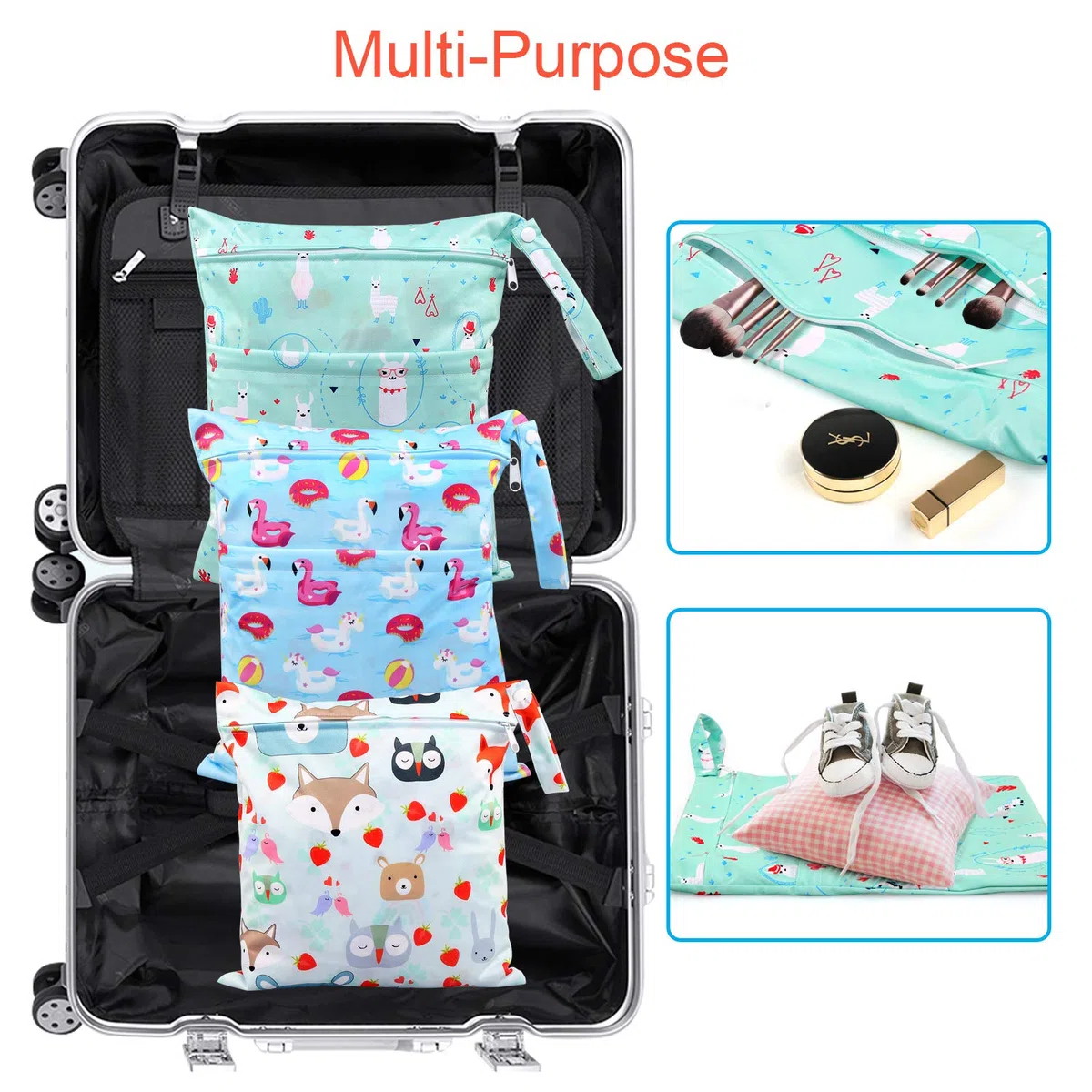 Bolsa de Pañales, 3 Pcs Reutilizable Wetbag, Impermeable Lavable con 2 Cremallera para Mamá de Bebé, Transpirable Organizador de Maquillaje de Colgar, Viajes, Playa, Piscina, Gym (Azul)