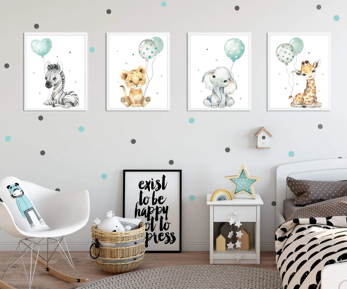 artpin Juego de 4 imágenes para habitación de niños, Menta verde decoración para niños y niñas, DIN A4, póster, diseño de animales de la jungla p63