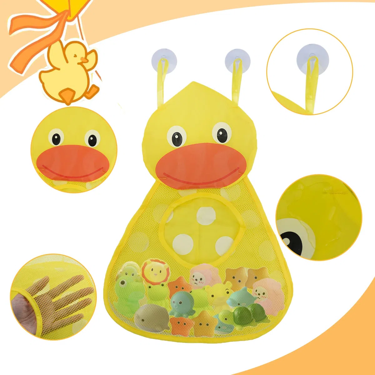 Kikuo Organizador de almacenamiento de juguetes para el baño del bebé, soporte para juguetes para la bañera, red para juguetes para bebés, pato amarillo con 2 ventosas fuertes