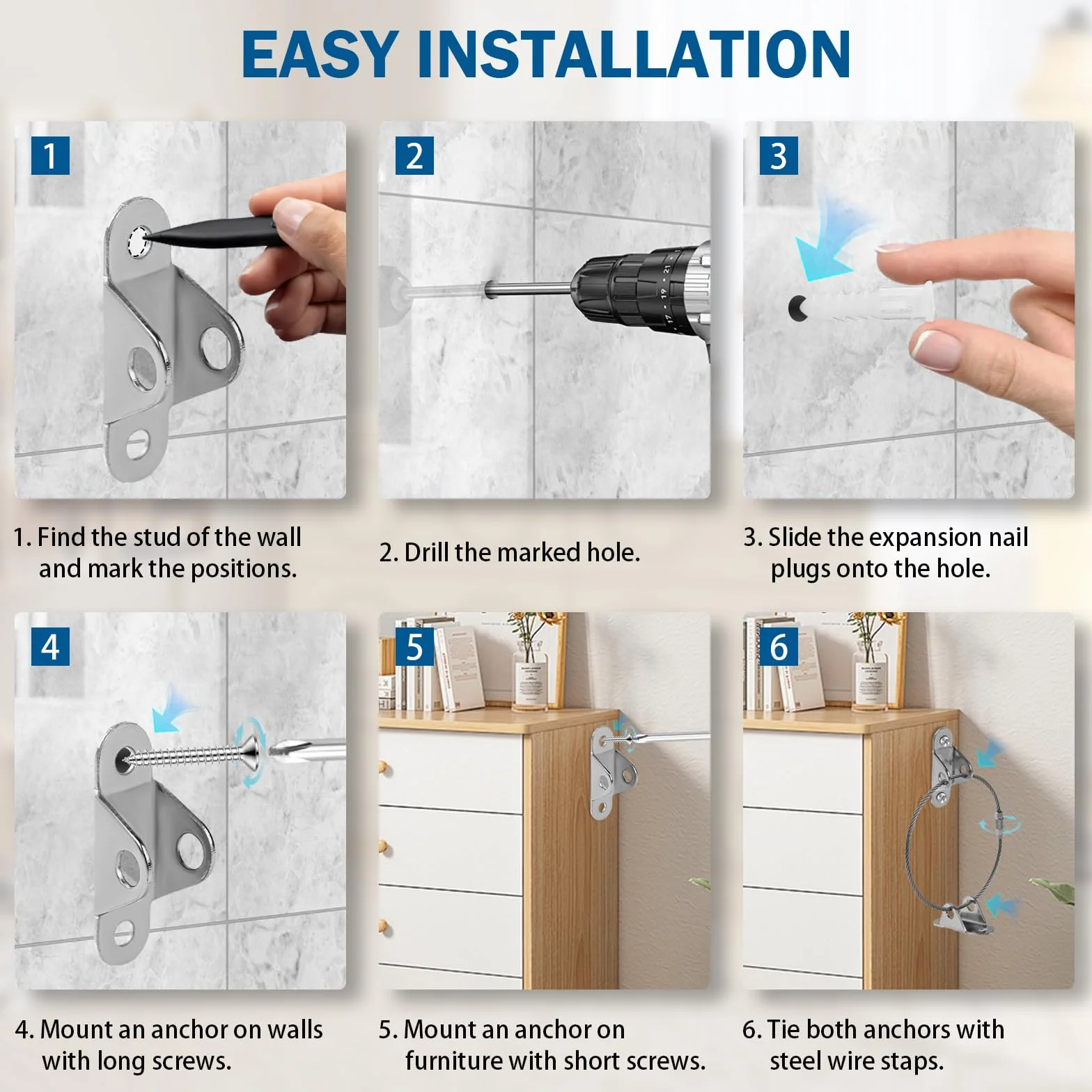 8 Pezzi Anclaje Muebles de Pared de Acero Anti-Punta Kit, Anclajes de Seguridad Antivuelco de Alta Resistencia, Anclaje y Correas a Prueba de Bebe Tocador para Estanterías Armarios Aparadores