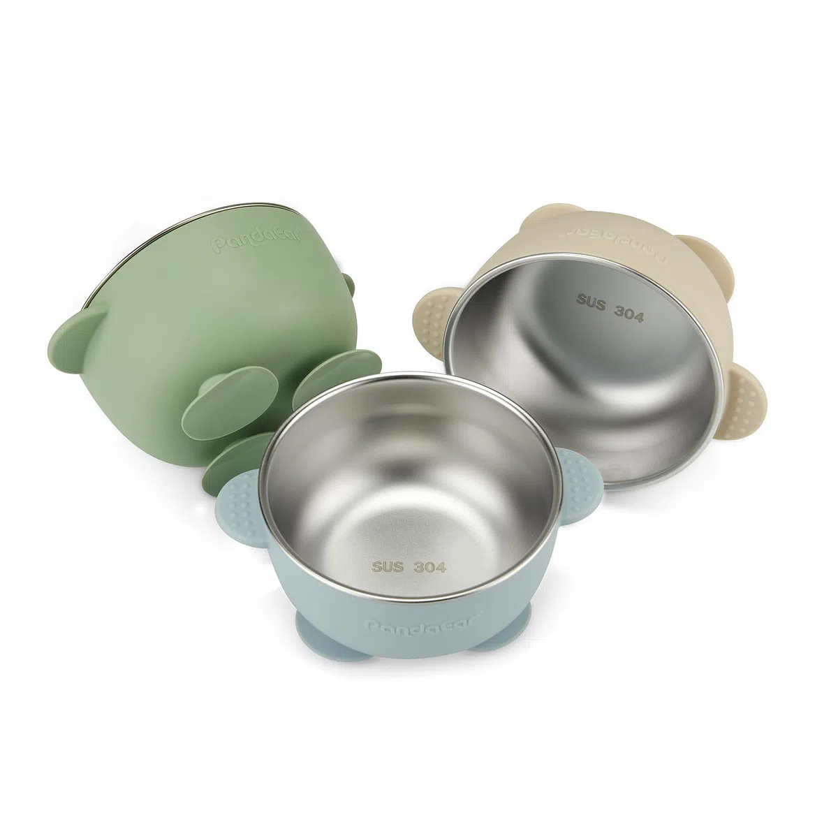 PandaEar Tazones Infantiles con Ventosa de Acero Inoxidable, Paquete de 3, Cuencos Antideslizantes con Funda de Silicona para Bebés, Niños y Niñas Pequeños, irrompibles y sin derrames (Azul)