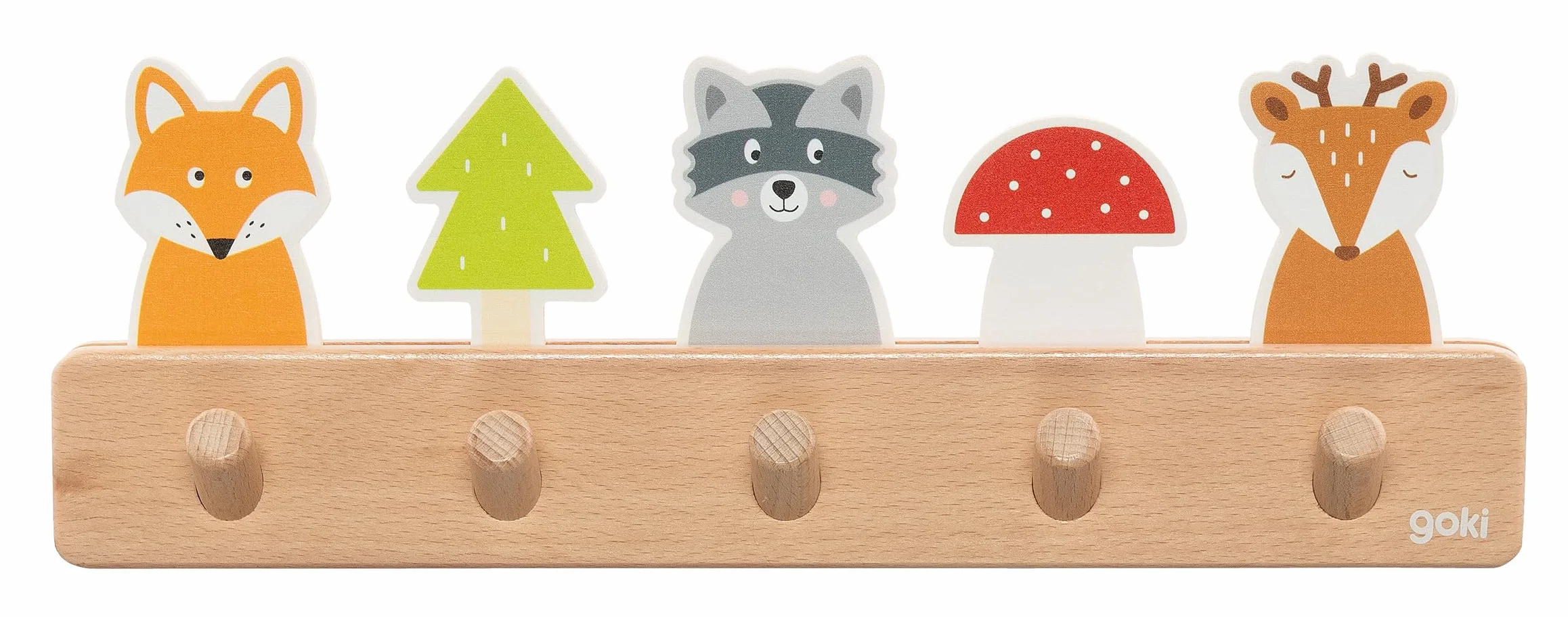 goki 60662 – Perchero de madera con 5 ganchos, diseño de zorro, mapache, ciervo, para habitación infantil, promueve el orden y la autonomía, a partir de 1 año