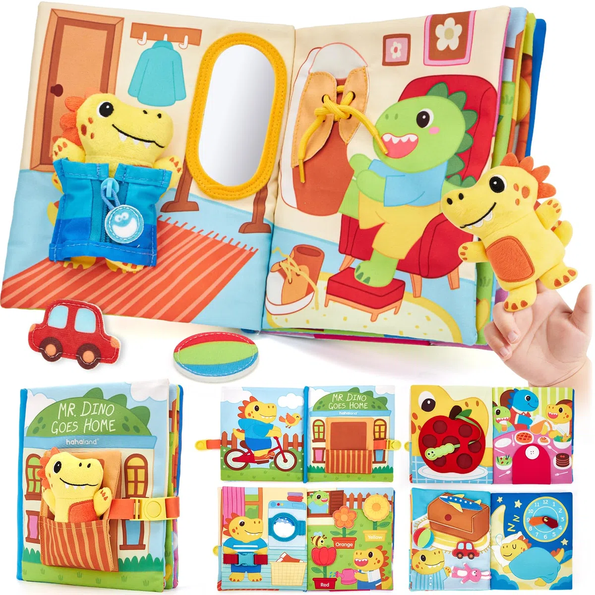 hahaland Libro Montessori 1 año Busy Book - Libro Actividad de Tela Blando, Dinosaurio Interactivo Juguetes Montessori para Bebes 6-12 meses Regalo Educativo 1-3 años