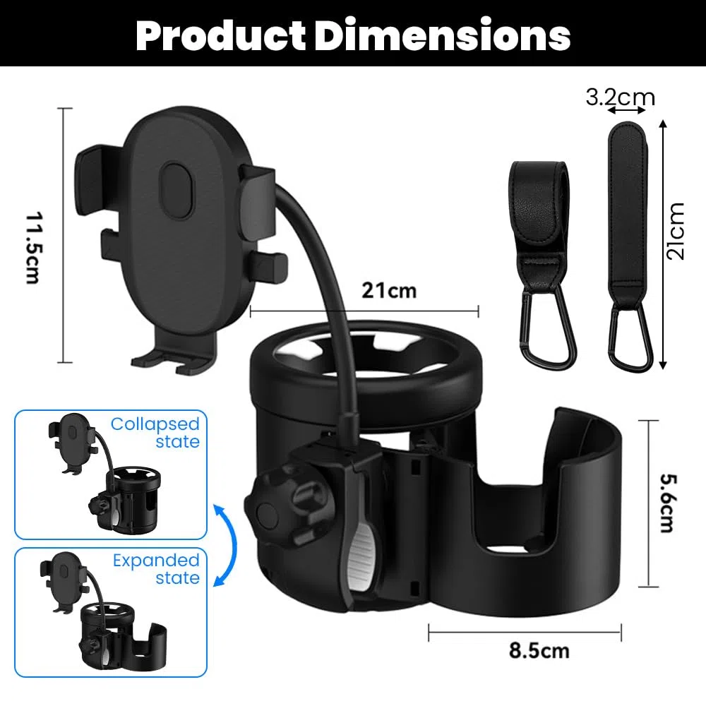 Portavasos Carrito Bebe, Universal 3 en 1 Soporte para Bebidas para Cochecito de Bebé con 2 Ganchos, para Silla de Ruedas, Bicicletas, Carrito Bebe, Scooters