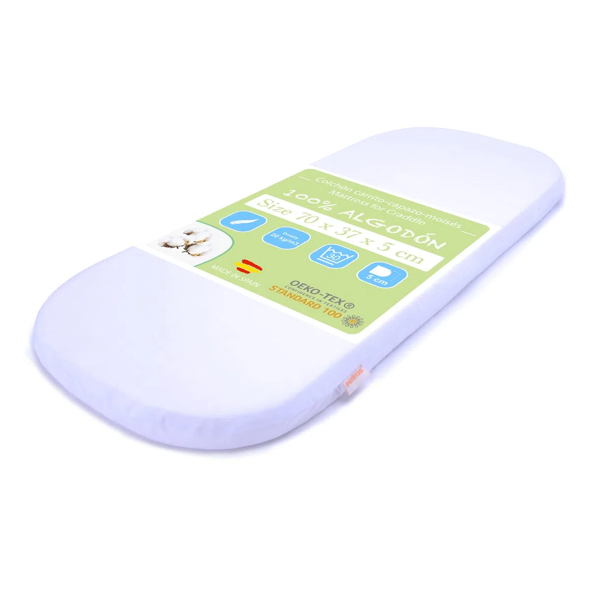 PEKITAS Colchón Ovalado Transpirable Capazo Moises Carrito 70x37x5 cm Funda 100% Algodón Blanco Firme