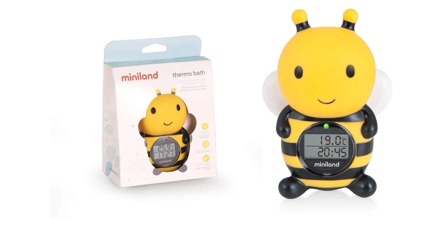 Miniland Termómetro de baño para bebe con Divertido Diseño de Abeja, Termómetro Bañera bebe, Pantalla con función reloj y temporizador, Flotante y resistente al agua | Bee