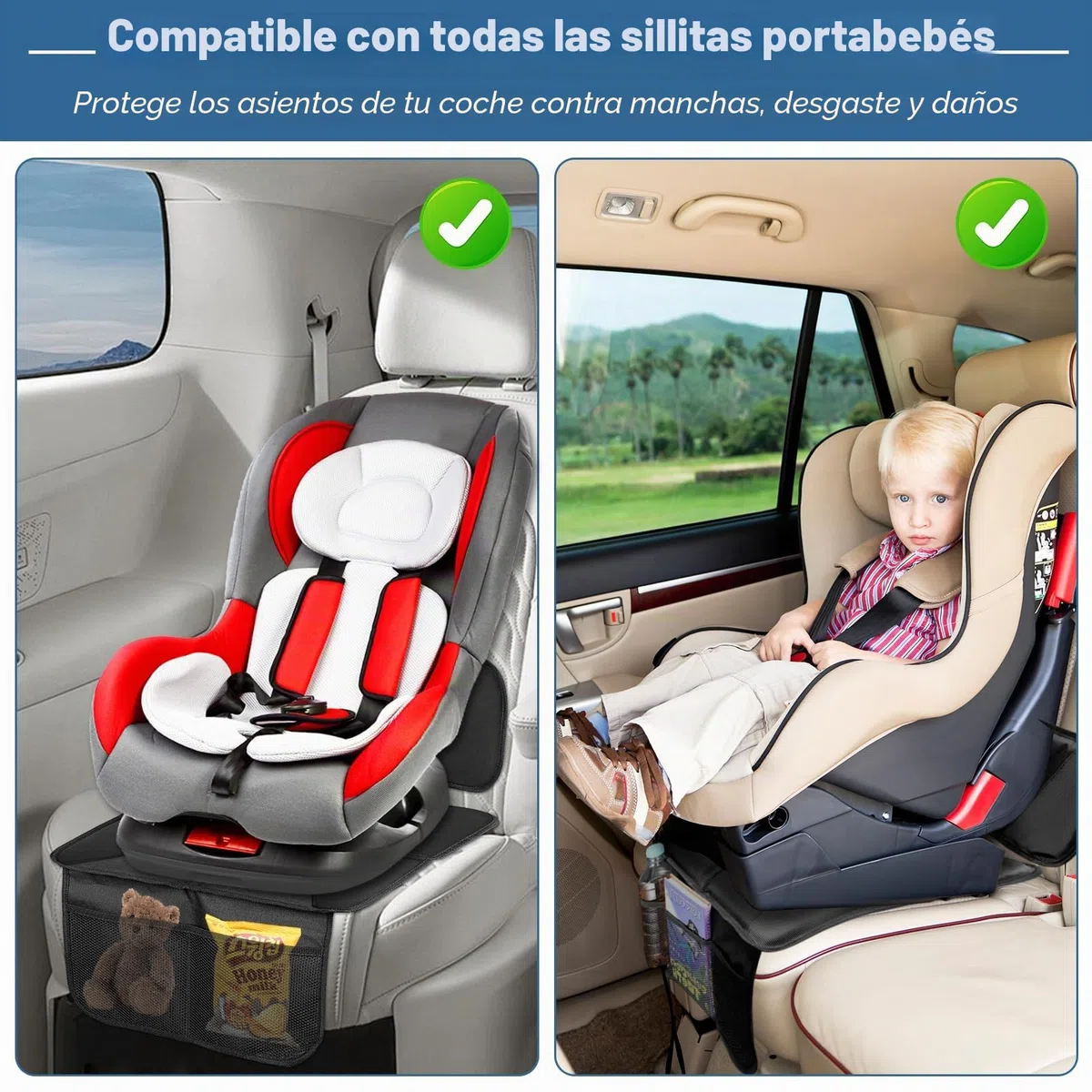 Raxfekro Protector de asiento de coche universal compatible, 600D Oxford Protector de asiento infantil para coche, antideslizante, impermeable, con bolsillos de malla (negro)
